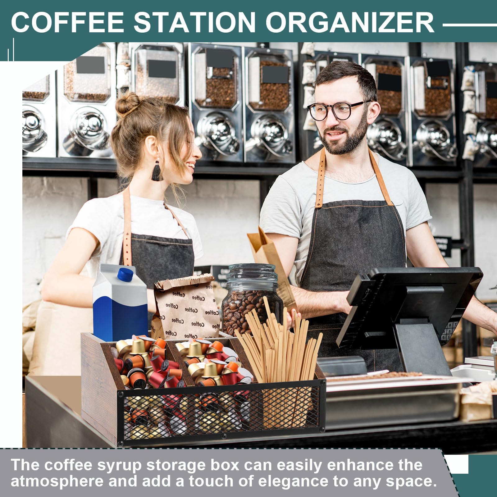 Yalikop Kaffeestation-Organizer, Kaffee-Bar-Halter für Arbeitsplatte, Kaffee und Tee, Gewürzkapseln, Holzkorb, rustikaler Kaffeebar-Organizer mit Eisennetz für Kaffee-Zubehör, Organizer, Dekoration