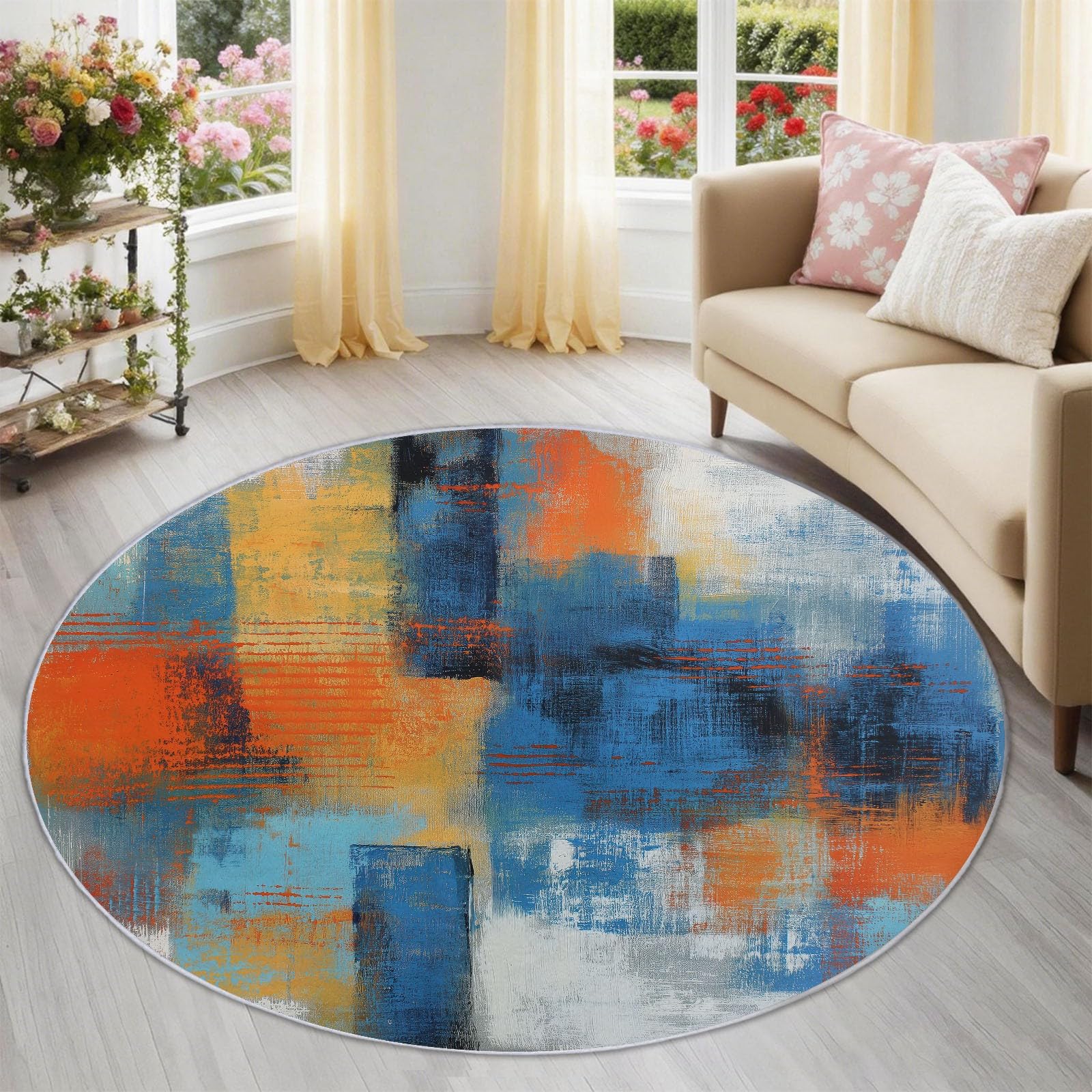 Alfombra circular azul para sala de estar con textura de líneas y estilo industrial envejecido.