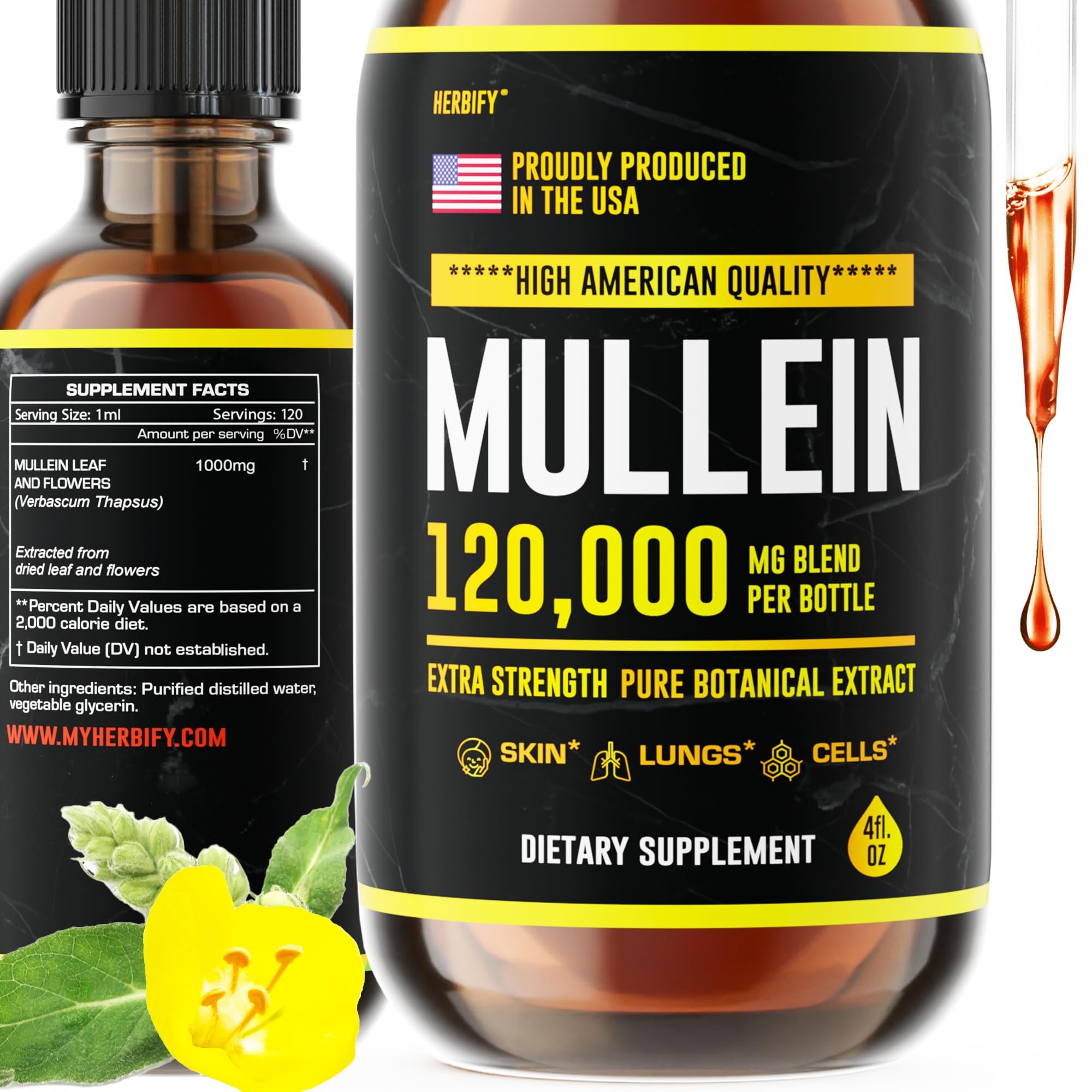 HERBIFY Mullein Drops - Lung Cleanse - Leaf Extract - Powerful Mullein for Immune Support,Detox & Respiratory Support - Made in USA - Lung Cleanse for Smokers - 4 OzUSDA Organic