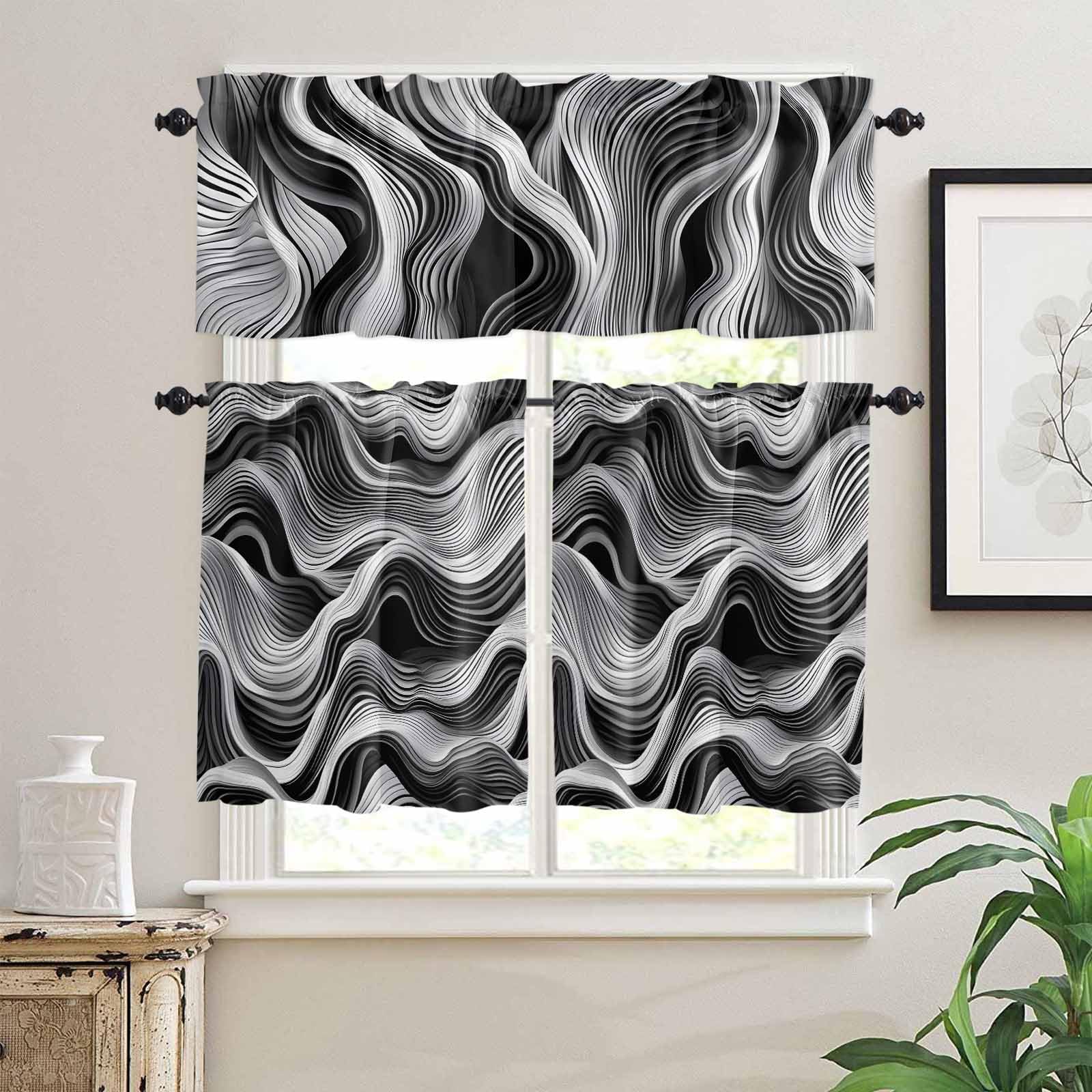 Abstract Waves Kitchen Curtains 36 Inch Length, 3 Piece Rod Pocket Small Half Tiers and Valance Set, Black Grey Modern Geometric Striped Small Large Window Treatment Decor for Bedroom/Bathroom Sink
