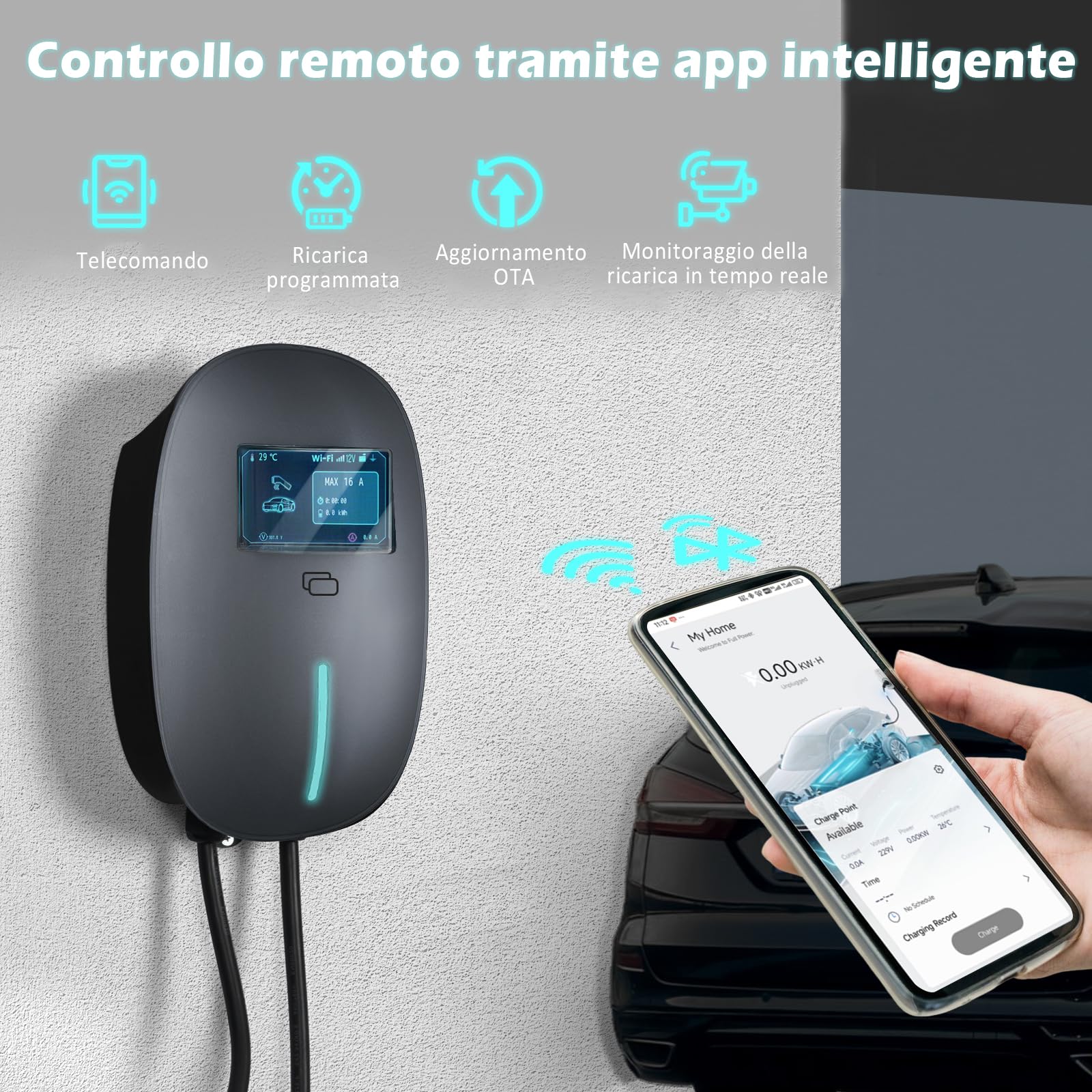 YU YUSING Colonnina Ricarica Auto Elettrica 22 KW, 7M Cavo Ricarica Auto Elettrica Tipo 2, 6-32A Wallbox Trifase, Carichino Auto elettrica con Schuko, Contro App, LCD Digitale e Supporto, IP65, Grigio