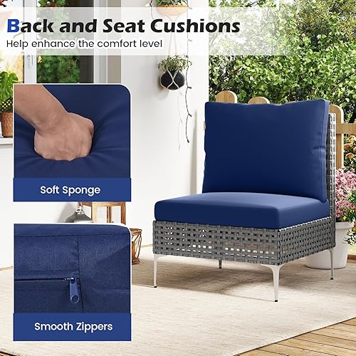 Miniatura 5 de Tangkula Juego de muebles de patio de 3 piezas, sillas de conversación de ratán PE con mesa de centro de vidrio templado, respaldo suave y cojines