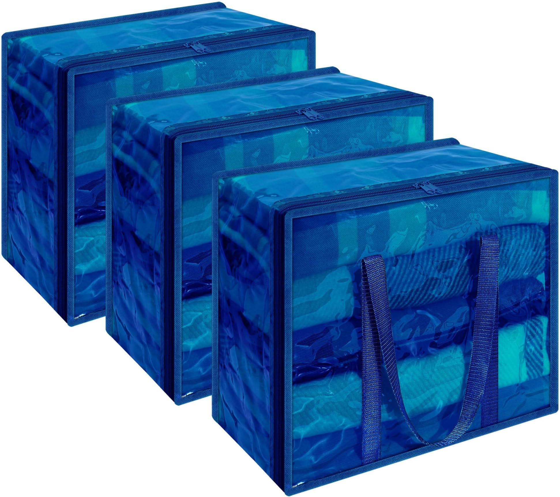 Vieshful 3 Pack Clear Storage Bags Clothes Storage Bags with Zips 40L Transparent Underbed Storage for Clothing, Blankets, Duvet, Pillow, Blue