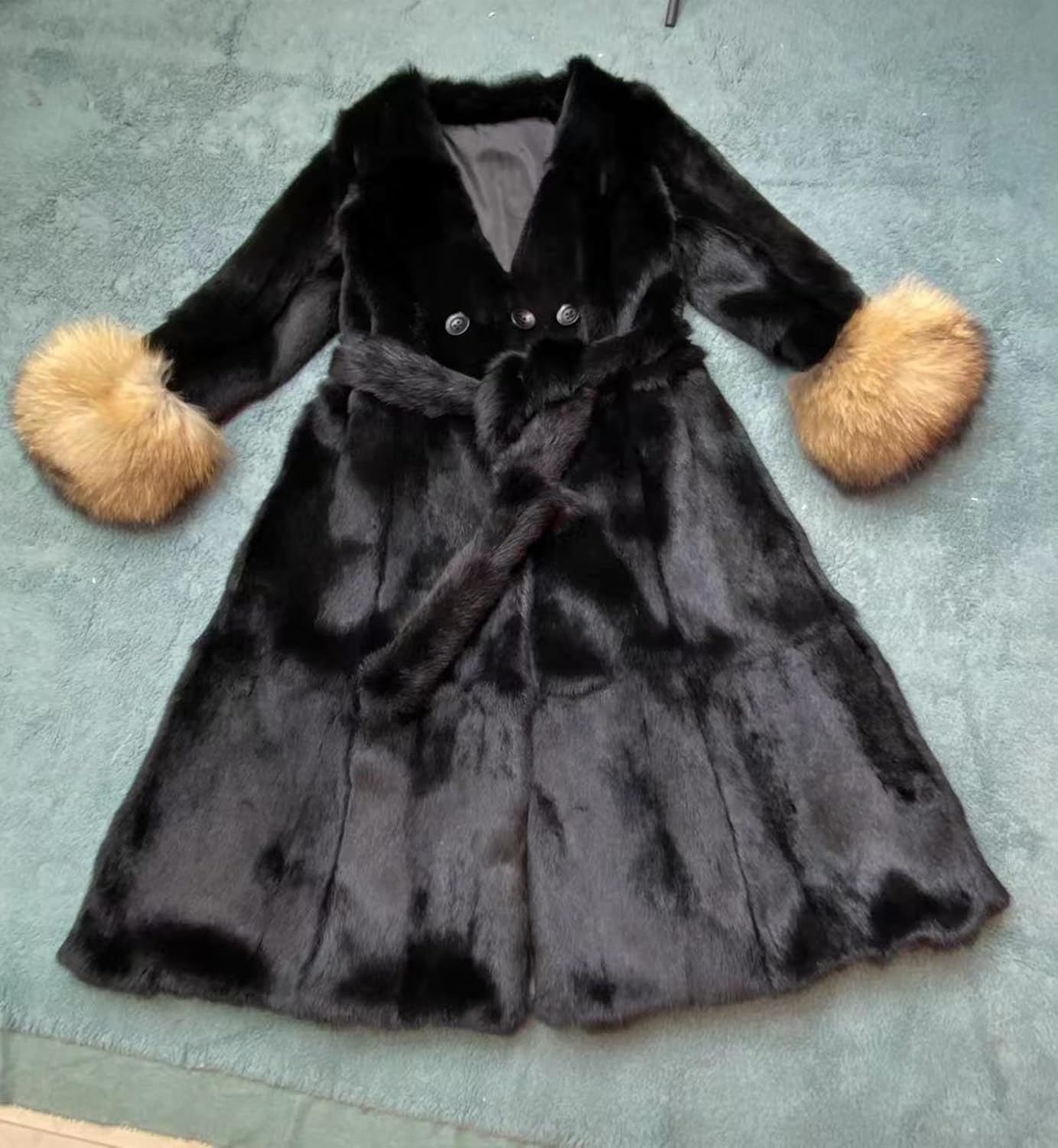 Women's Genuine Rabbit Fur Coat Extra Long Winter Fur Jacket with Raccoon Fur Sleeve Cuffs