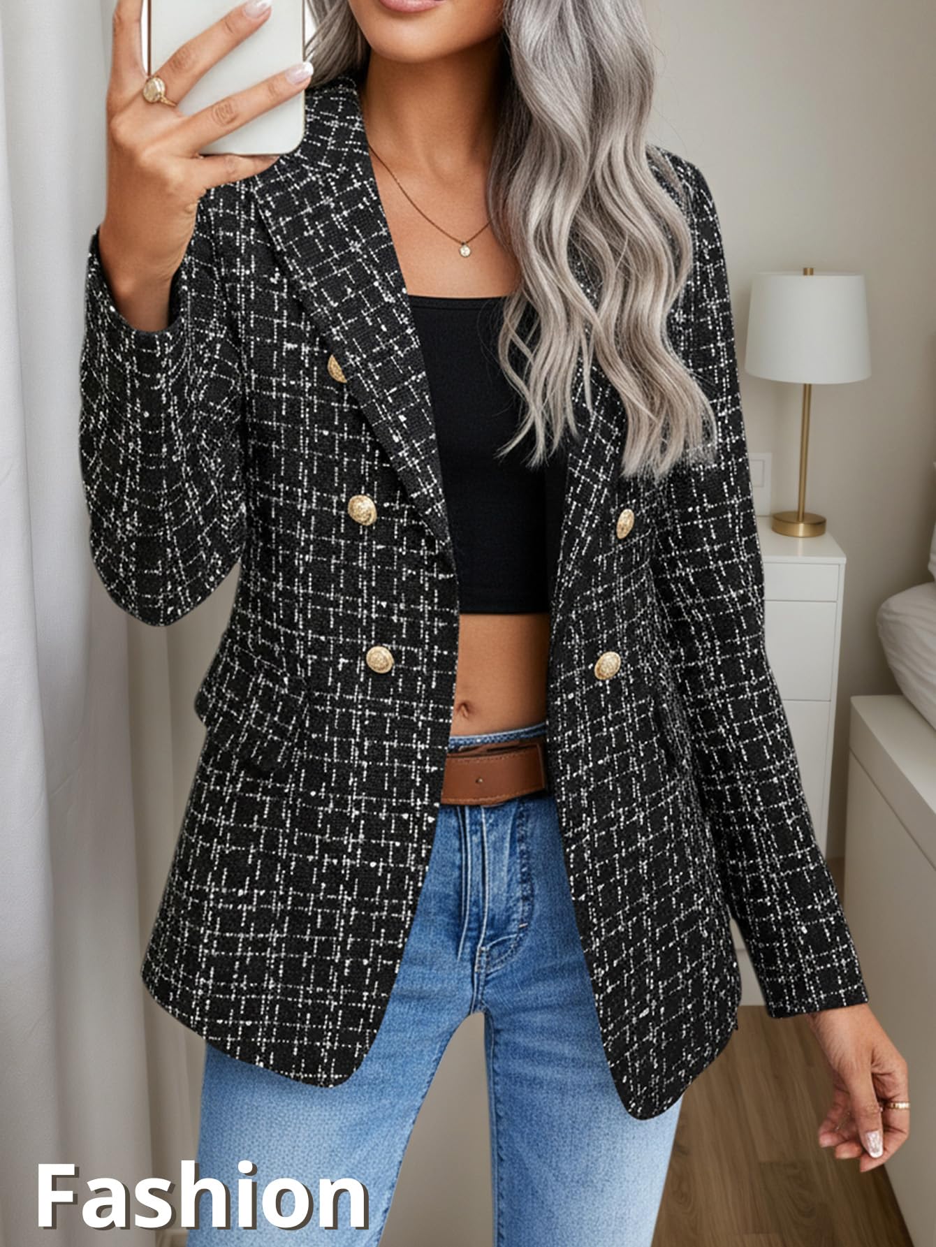 Mina Self Blazer da Donna in Tweed a Quadri, Caldo, Completamente Foderato, alla Moda, Casual, Elegante, con Tasche