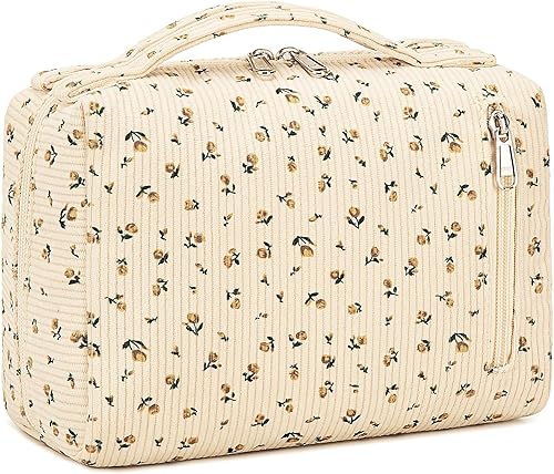 Bluboon Neceser de viaje, bolsa de maquillaje portátil, organizador de cosméticos para mujeres y niñas, Florete amarillo de pana