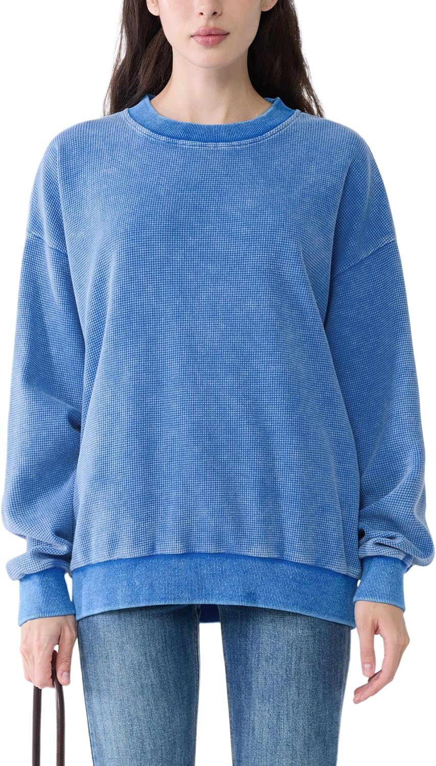 FAIABLE Crewneck Sweatshirts Women Waffle Oversized Sweatshirt for Women Acid Wash Fashion Pullover Hoodies Tops 2026 Spring - Image 2