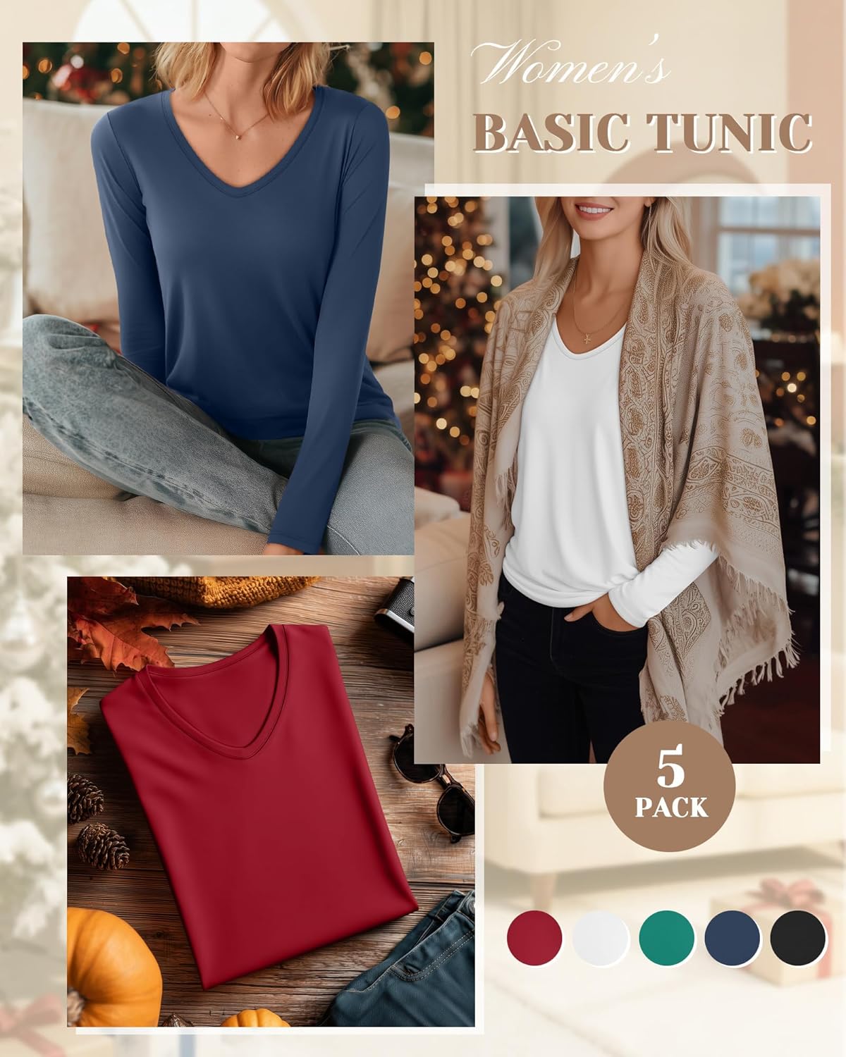 5 Pack Women's V Neck Long Sleeve Tops Bulk, Loose Fit Casual T-Shirts Layer Soft Trendy Outfits Basic Tees - Image 4