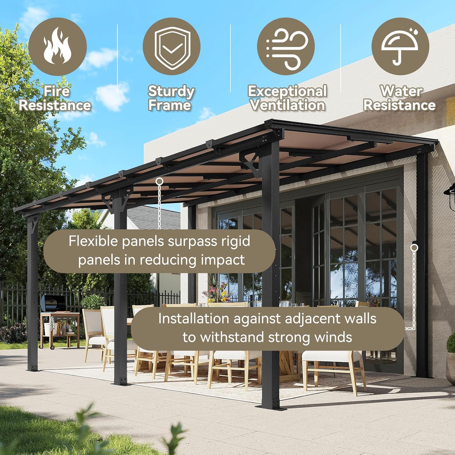 Aoxun Gazebo highlighting features like fire resistance, sturdy frame, exceptional ventilation, and water resistance.