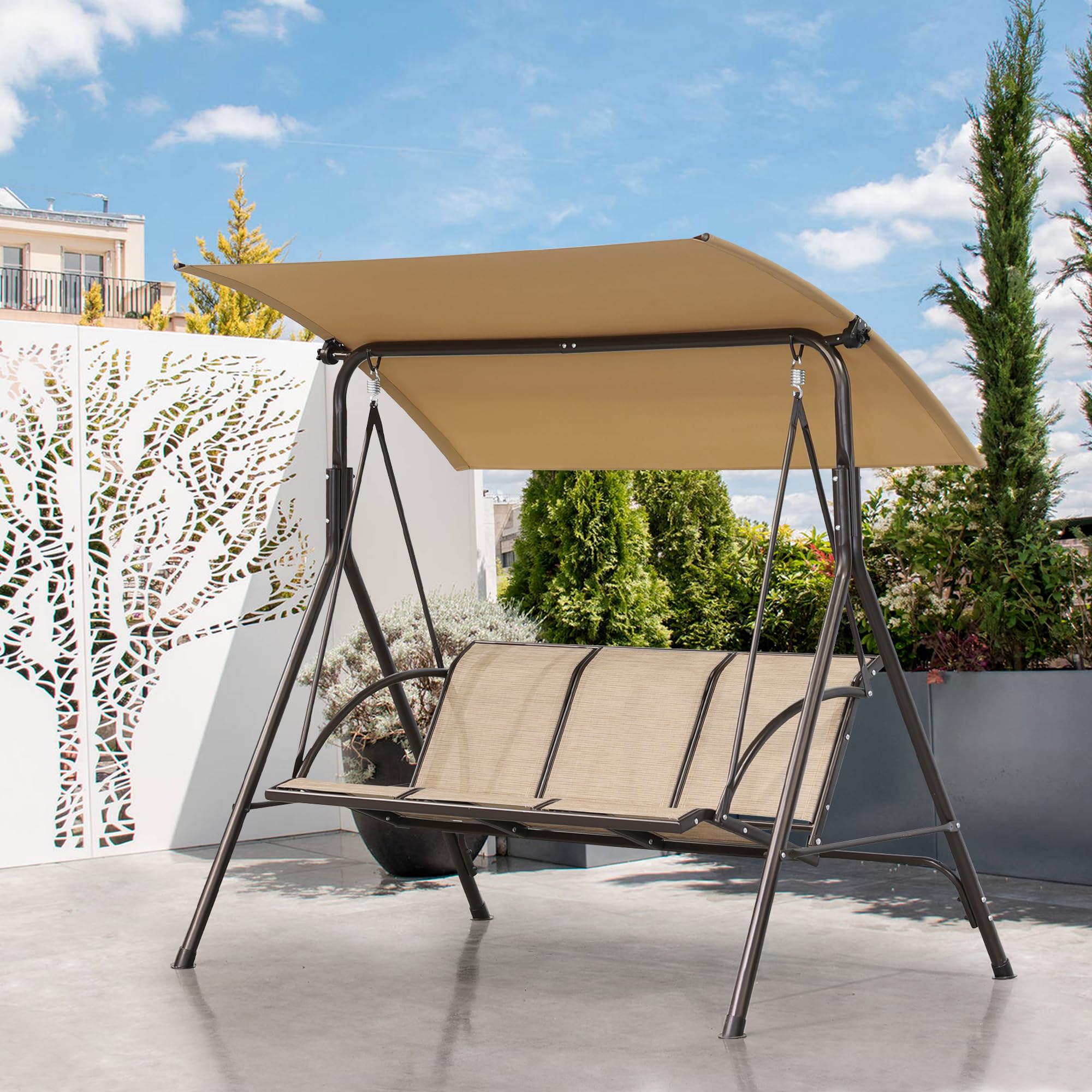 Angel Living Hollywoodschaukel Gartenschaukel 3 Sitzer mit Sonnenschutz aus Stahl Braun 170 x 110 x152cm