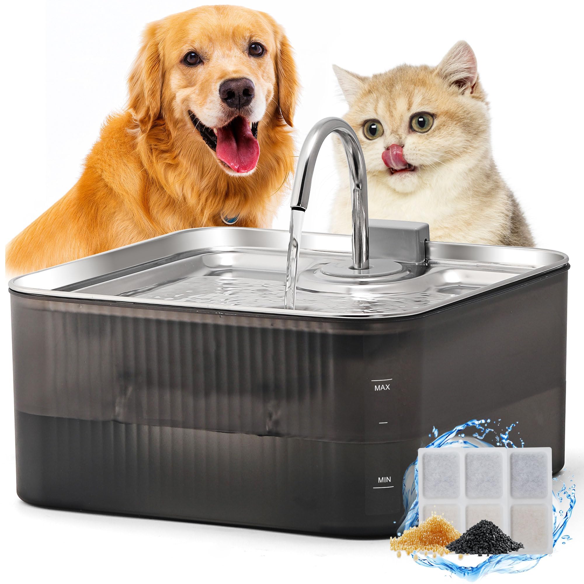 FUKUMARU Fontanella per Cani/Gatti. 7L. Fontana Automatica per Gatti con Grandi Capacità in Acciaio Inox, Distributore d'Acqua con 3 Filtri di Ricambio per Gatti,Cani, Più Animali Domestici.
