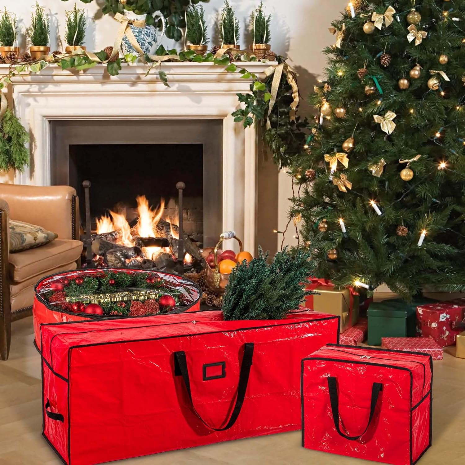 CINPIUK 4 Pack Christmas Storage Bags Set Christmas Tree Storage Bag for 7.5 ft Wreath Storage Container & Christmas Ornaments Storage Bags with Reinforced Handle Dual Zipper
