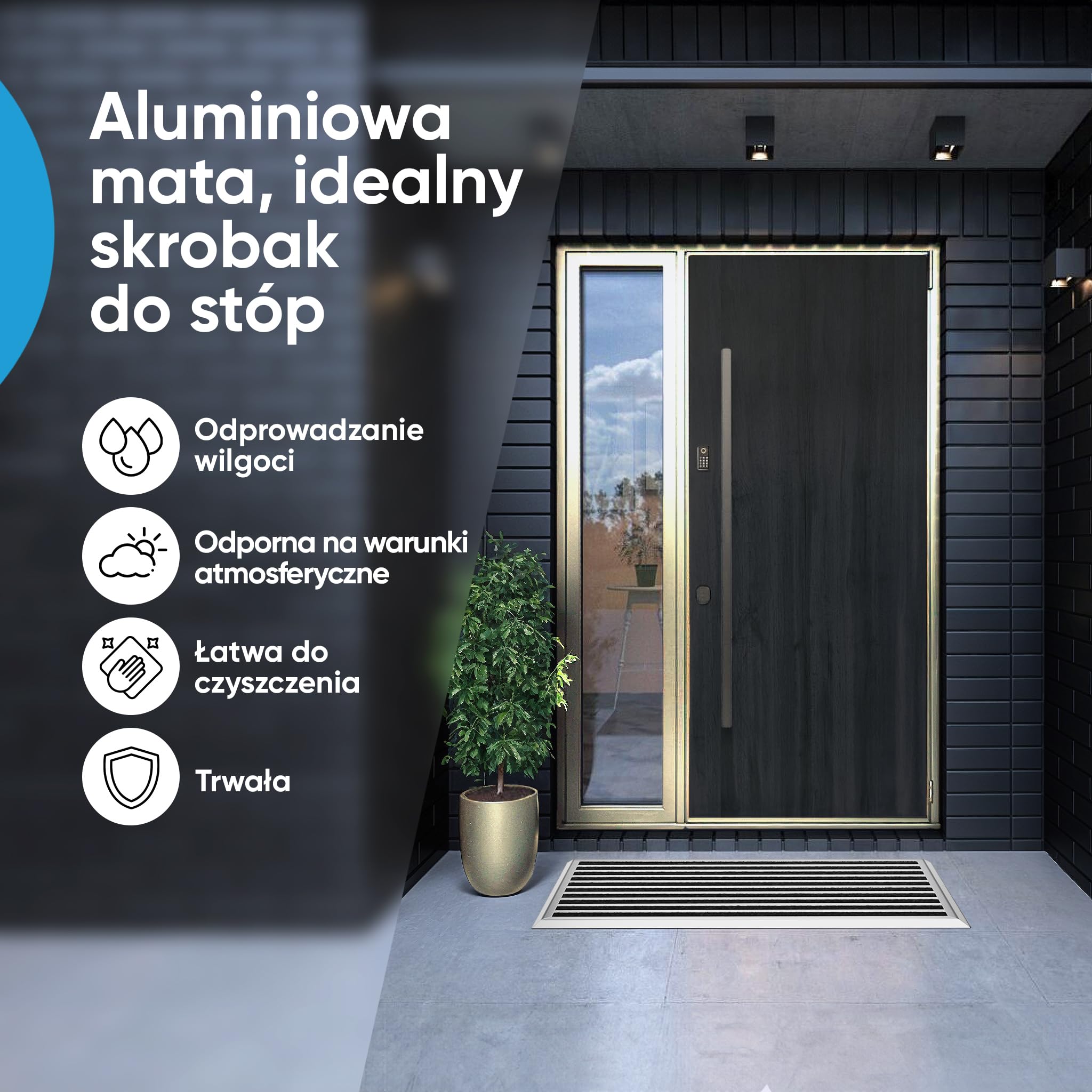 WEST&EAST aluminiowa wycieraczka 40x60 cm, wycieraczka do użytku na zewnątrz z aluminiową ramą w kolorze srebrnym i powierzchnią z polipropylenu, wycieraczka do butów, maty do wejścia