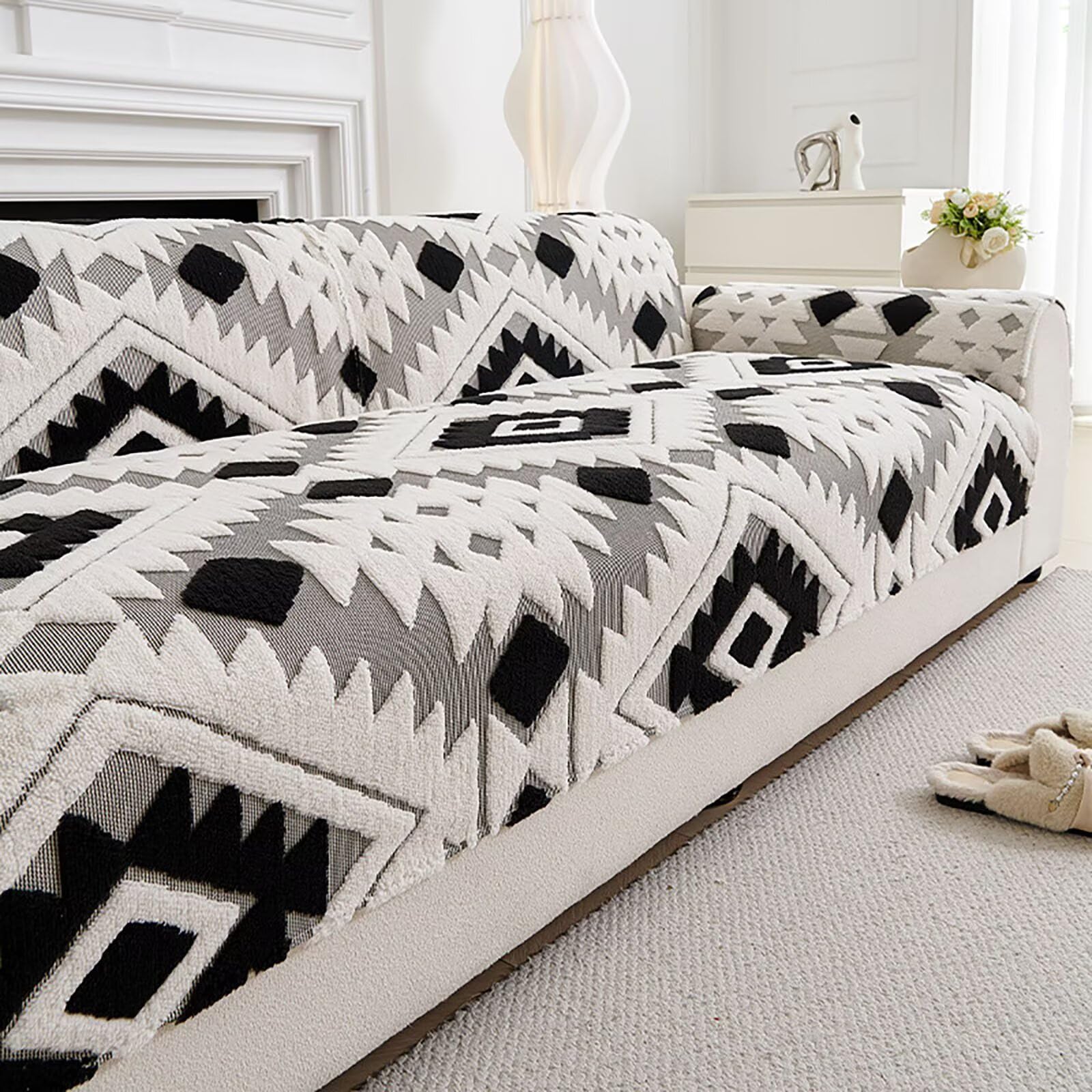 GuihcdknfuS Boho Sofa Cover, Soft Plush Non Slip Couch Cover, Settee Covers Washable, Sofa Slipcovers Pet Kid Friendly Furniture Protector for Living Room, black, 90 * 160cm