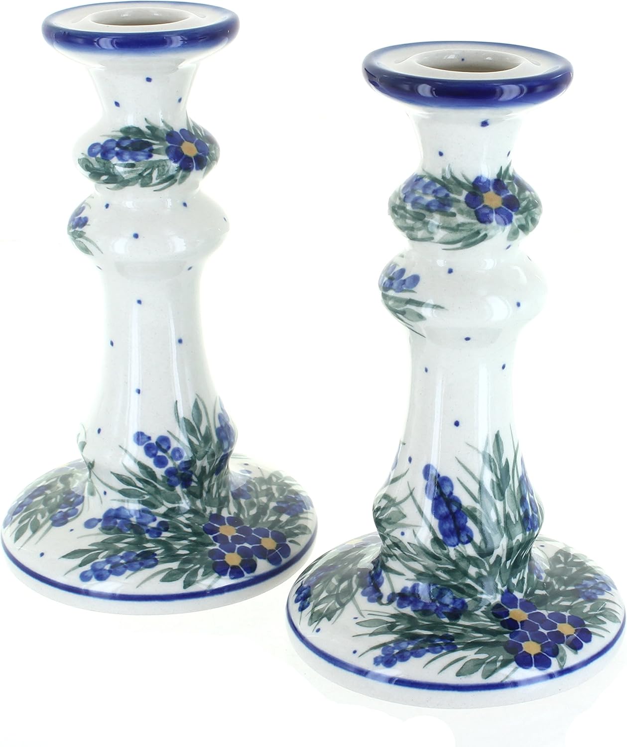 Blue Rose Polish Pottery - Blue Hyacinth Tall Candlestick Pair - 7" Tall - Hand-Painted Polish Pottery Ceramic Candle Holders