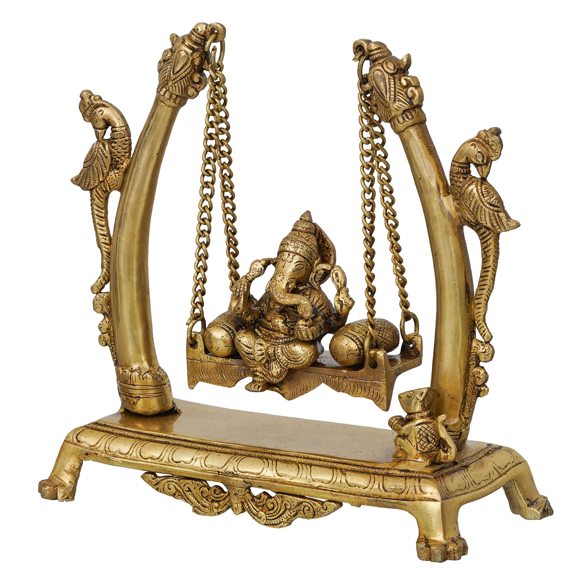 eCraftIndia Idole de Ganesh en laiton doré assise sur une balançoire de paon | Idole du Seigneur Ganesha pour décoration d'intérieur | Statue de Ganesh | Ganesh Ganpati Murti Cadeau pour Diwali