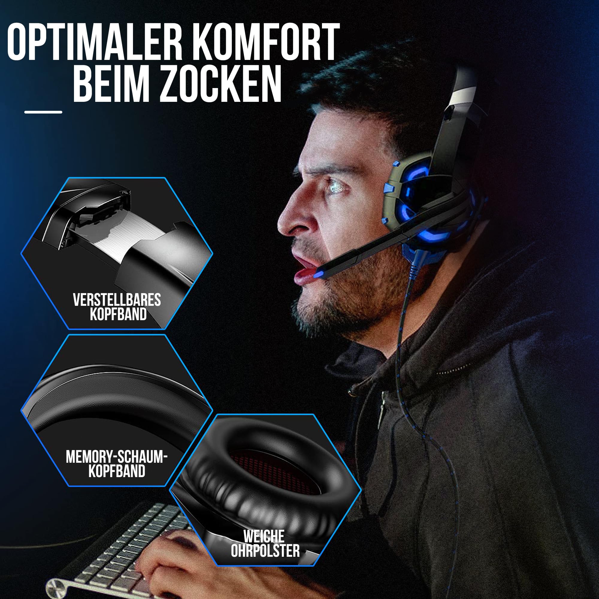Strex Gaming-Headset mit Mikrofon Blau – Kompatibel mit PC | PS4 | PS5 | Xbox One | Xbox Series