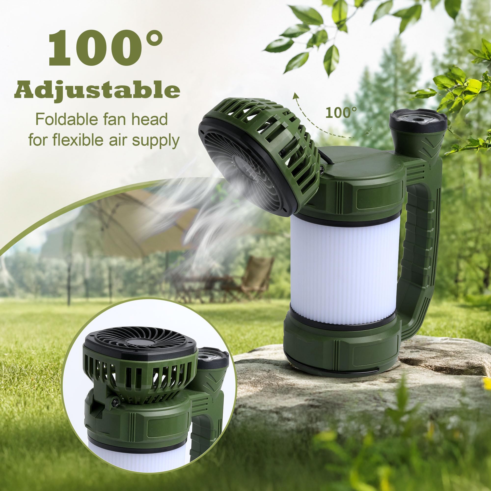 Linterna LED recargable de camping con foco de linterna, 1000 lúmenes, 3600 mAh, carga solar y USB, cabezal giratorio de 100°, resistente al agua, verde