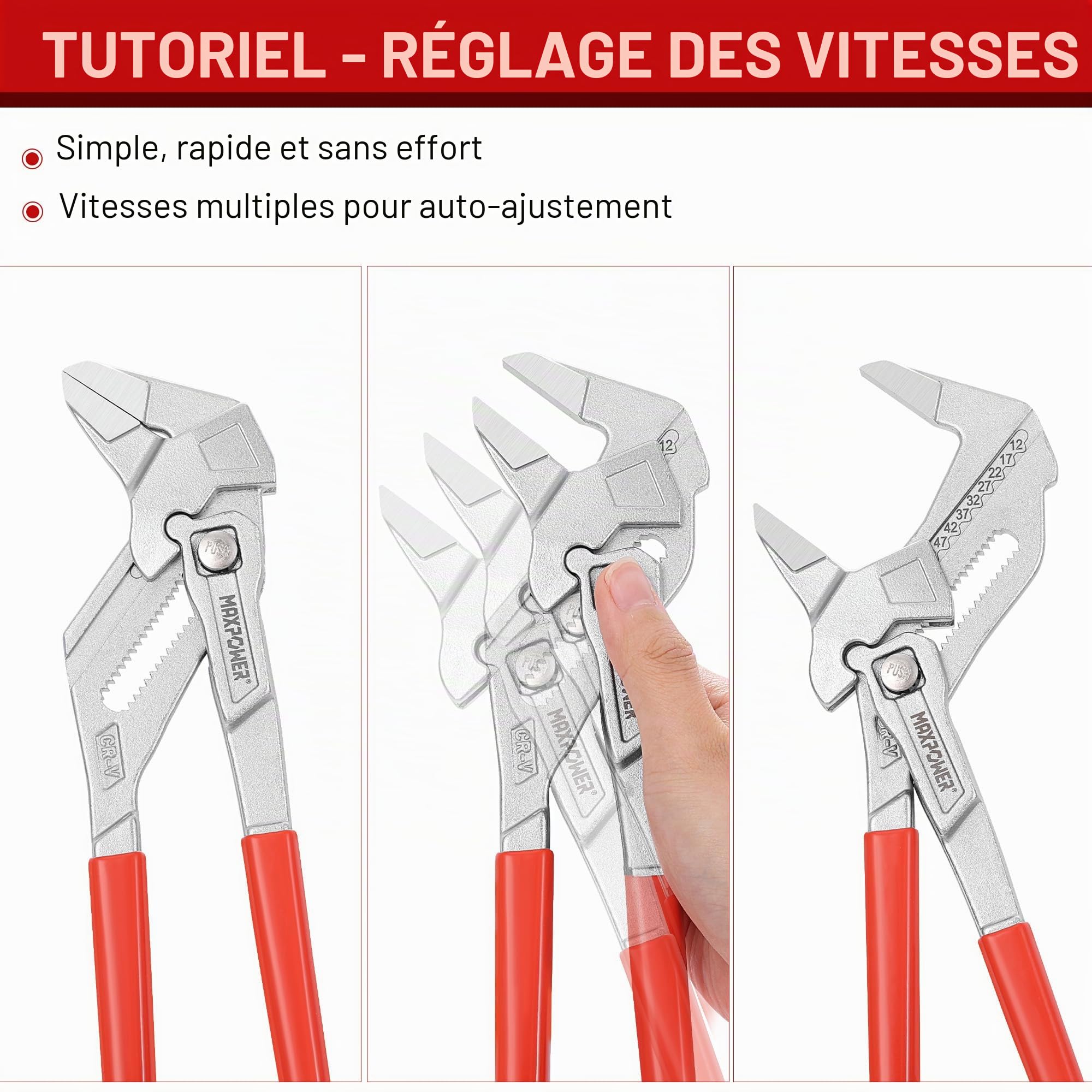 MAXPOWER Clé Multiprise 10" (260 mm) – Ouverture 52 mm, Acier Cr-V, Poignée Antidérapante, Verrouillage & Graduation, avec Capuchon de Protection