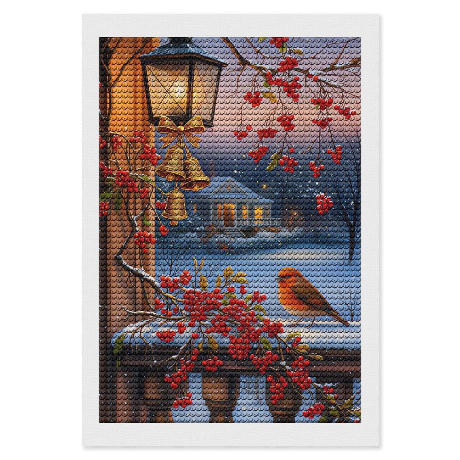 Junmoney Winter Berries and Bird Scene Diamond Art Canvas 8"x12", for Teens, Nice Detail and Sparkle, Farmhouse Decor, Festive Craft Gift, Easy to Enjoy
