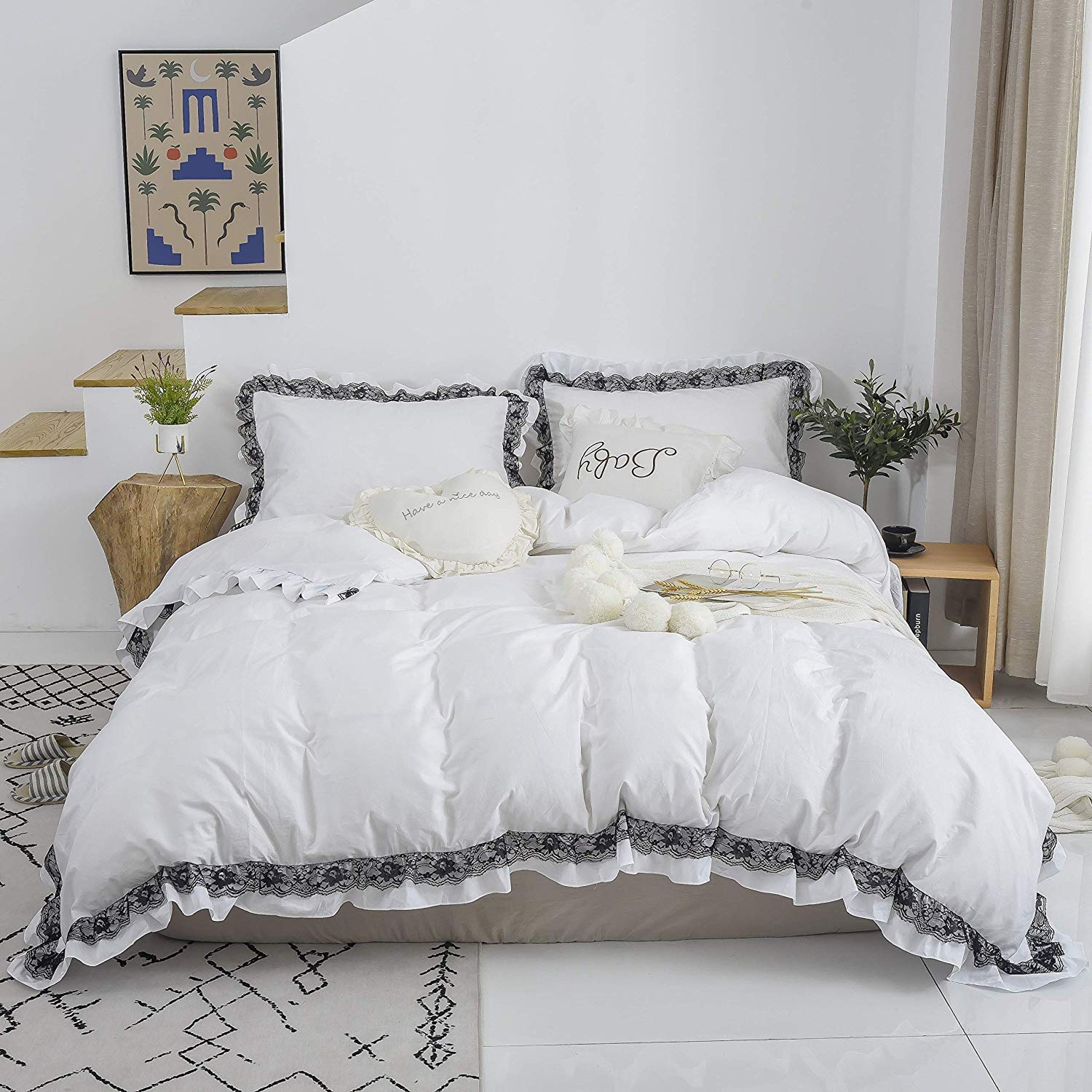 FADFAY White and Black Lace Duvet Cover 