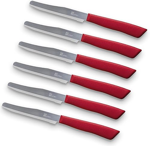 Tredoni 6 cuchillos de cocina  4.3"11cm acero inoxidable italiano serrado para verdurasfiletescuchillos de mesa, cubiertos de punta redondeada (rojo)