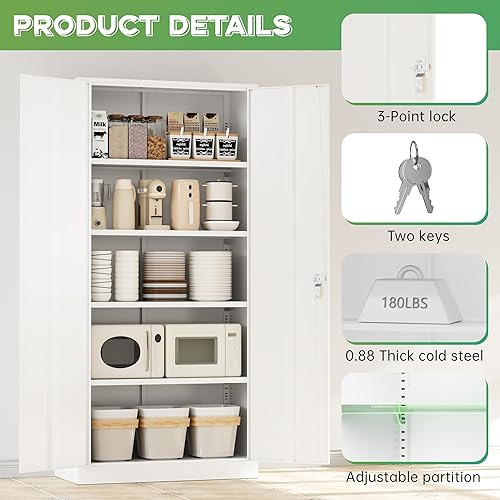 Vista 198 de INTERGREAT Armario de almacenamiento de metal, armarios de acero con cerradura de 72 pulgadas de alto con puertas de bloqueo, armario de Gris blanco