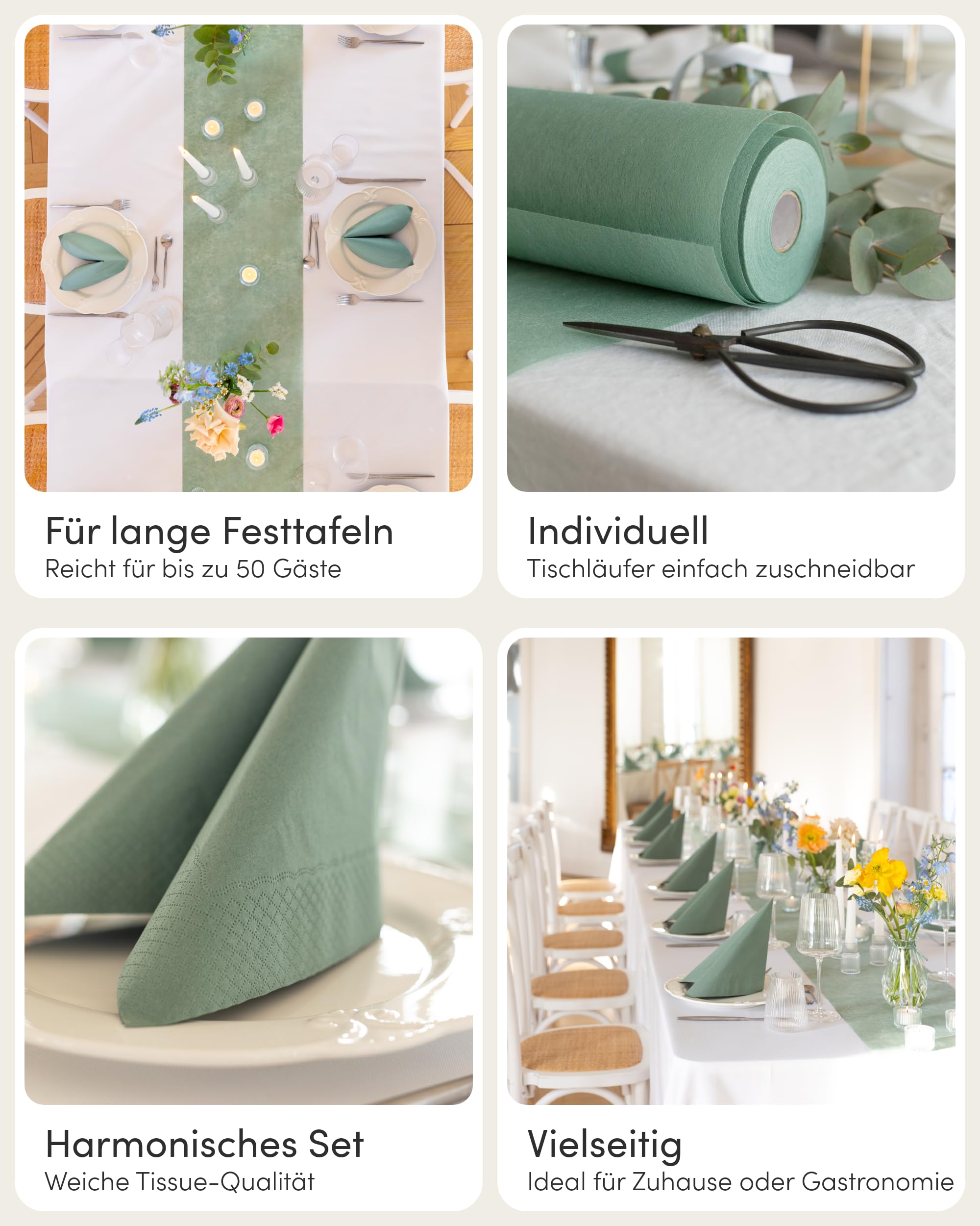 100%Mosel Tischdeko-Set – Eukalyptus Grün (25–50 Gäste) Tischläufer & Tissue Servietten für Taufe, Kommunion, Konfirmation, Hochzeit & Geburtstag – Praktisches Set für besondere Anlässe