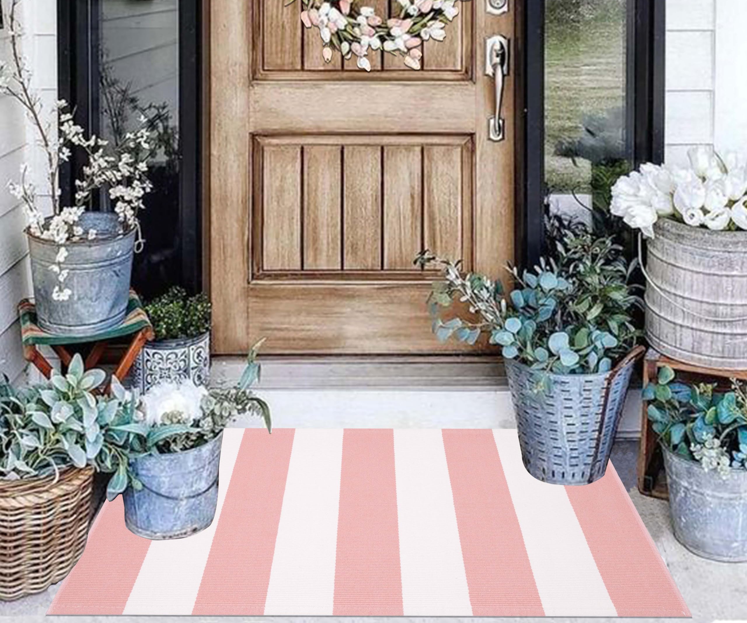 Felpudo Exterior de 61 x 89 cm, Lavable, a Rayas, en Tonos Rosa y