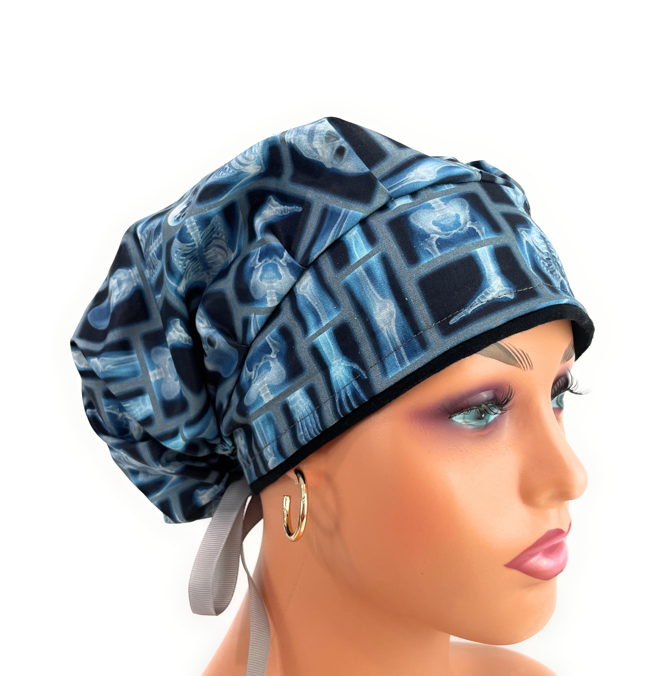 Bouffant Medical Scrub Cap - Skeleton X-ray - Scrub Hat for Women & Men tie Back. Nurses Hats Ponytail Holder Dr. Hats. Long Hair