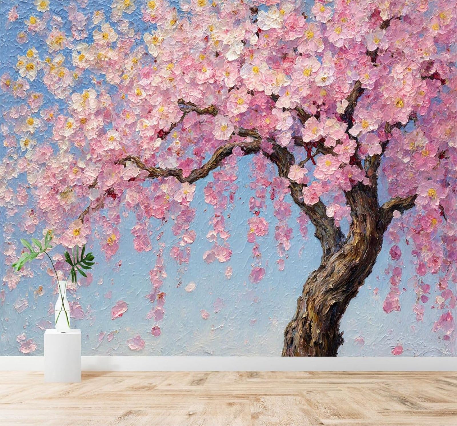 Tzxztt 150Cm×105Cm(B×H) Hand Drawn Pink Cherry Blossoms Trees Abstract Blue Sky Modern 3D Wallpaper Premium Textured Silk Neutral Tones Material Ideal For Living Room Bedroom-150Cm×105Cm