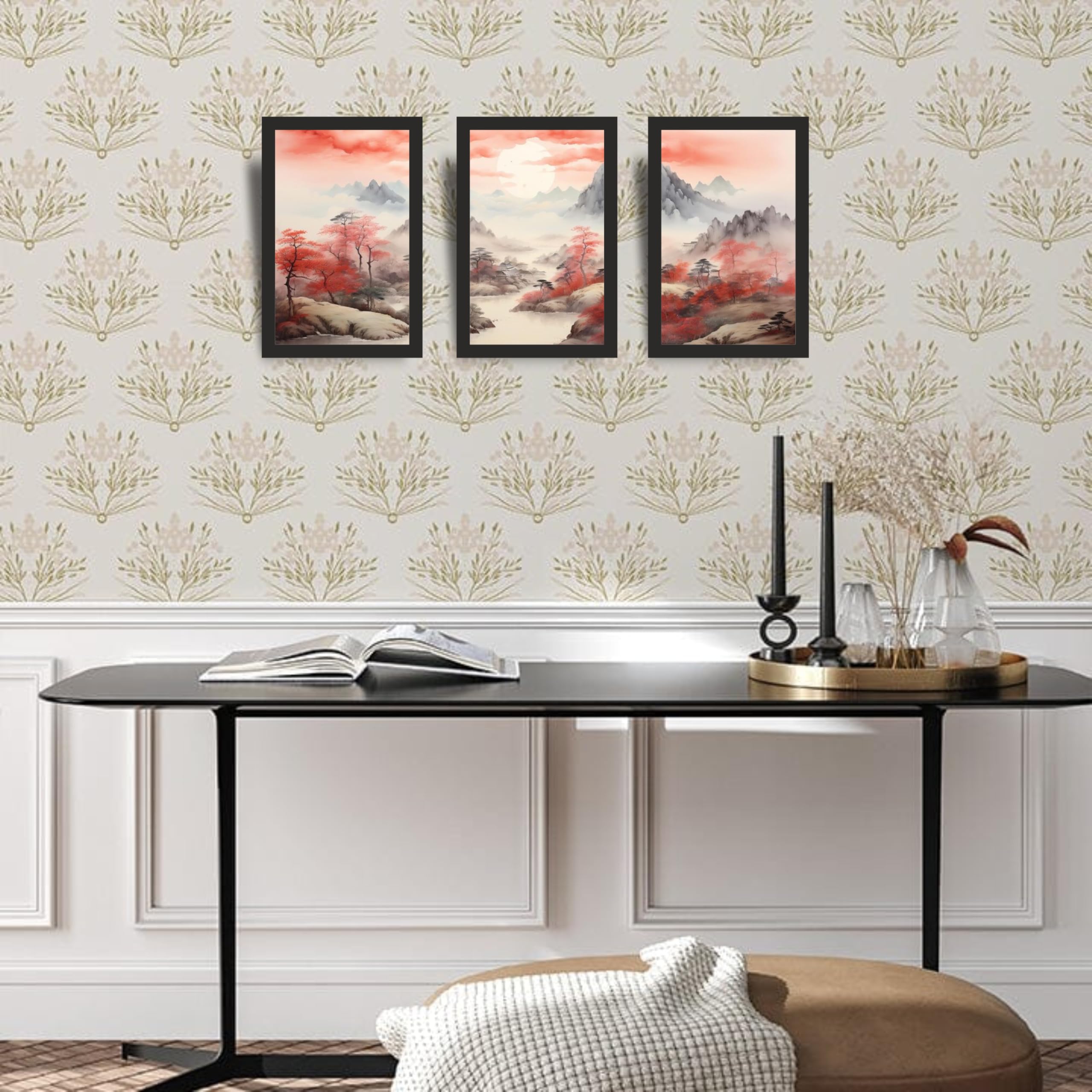 Red Autumn Mountain Landscape Wall Art Set of 3 Frames