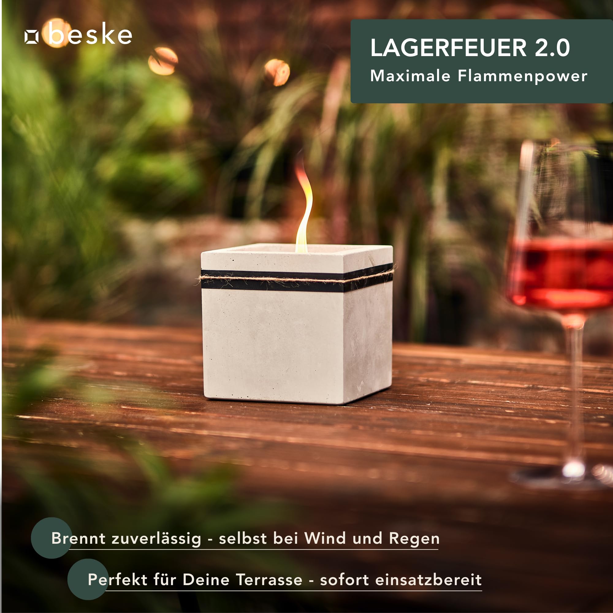 Beske-Manufaktur Design Betonfeuer Outdoor Kerze mit Dauerdocht 13x13x13cm