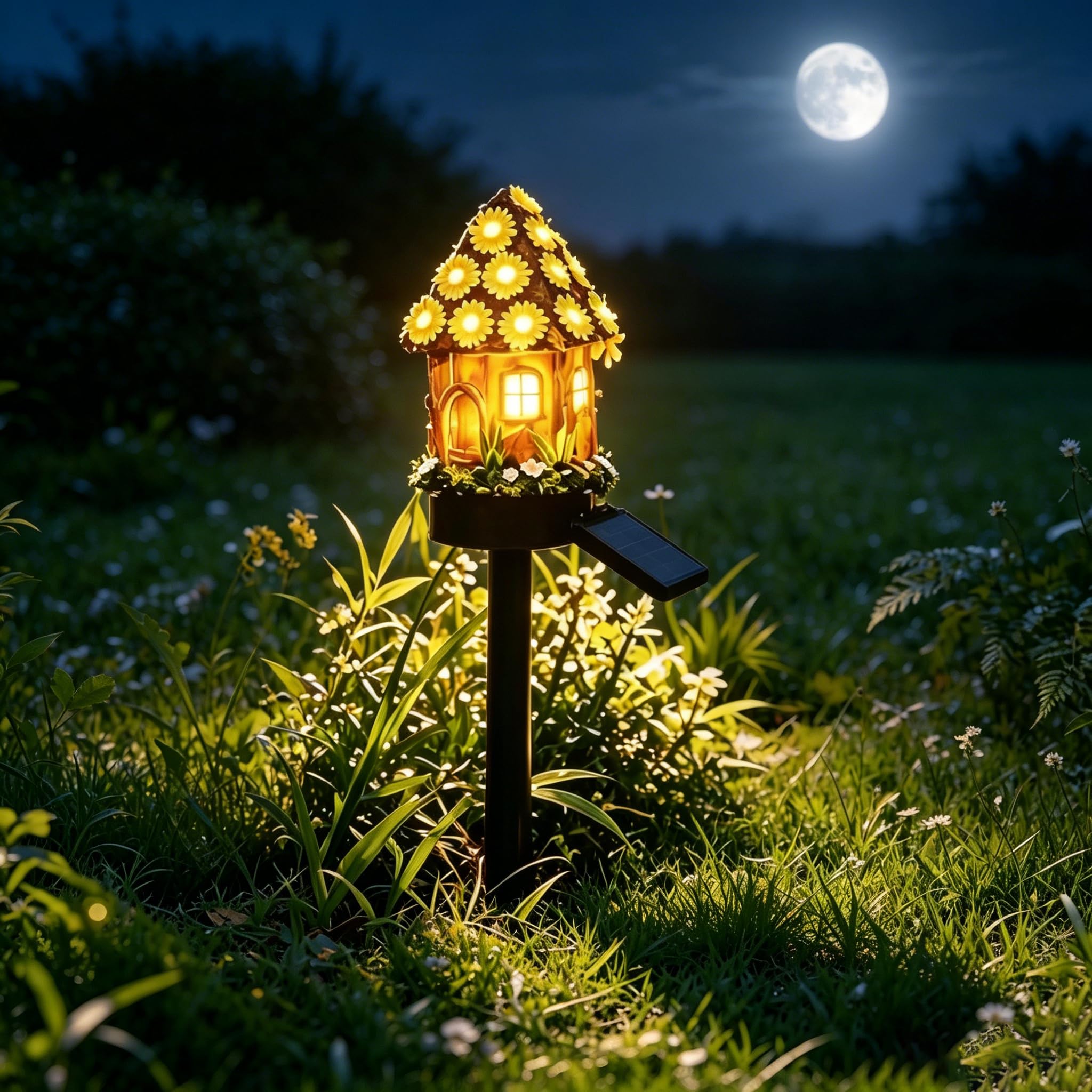 Solar Fairy-Tale Mushroom Cottage Garden Light, Waterproof Resin LED Landscape Lamp with Auto Dusk to Dawn, Warm Glow Wireless Stake Light, Tool-Free Outdoor Decor for Yard Patio Lawn Pathway (E)