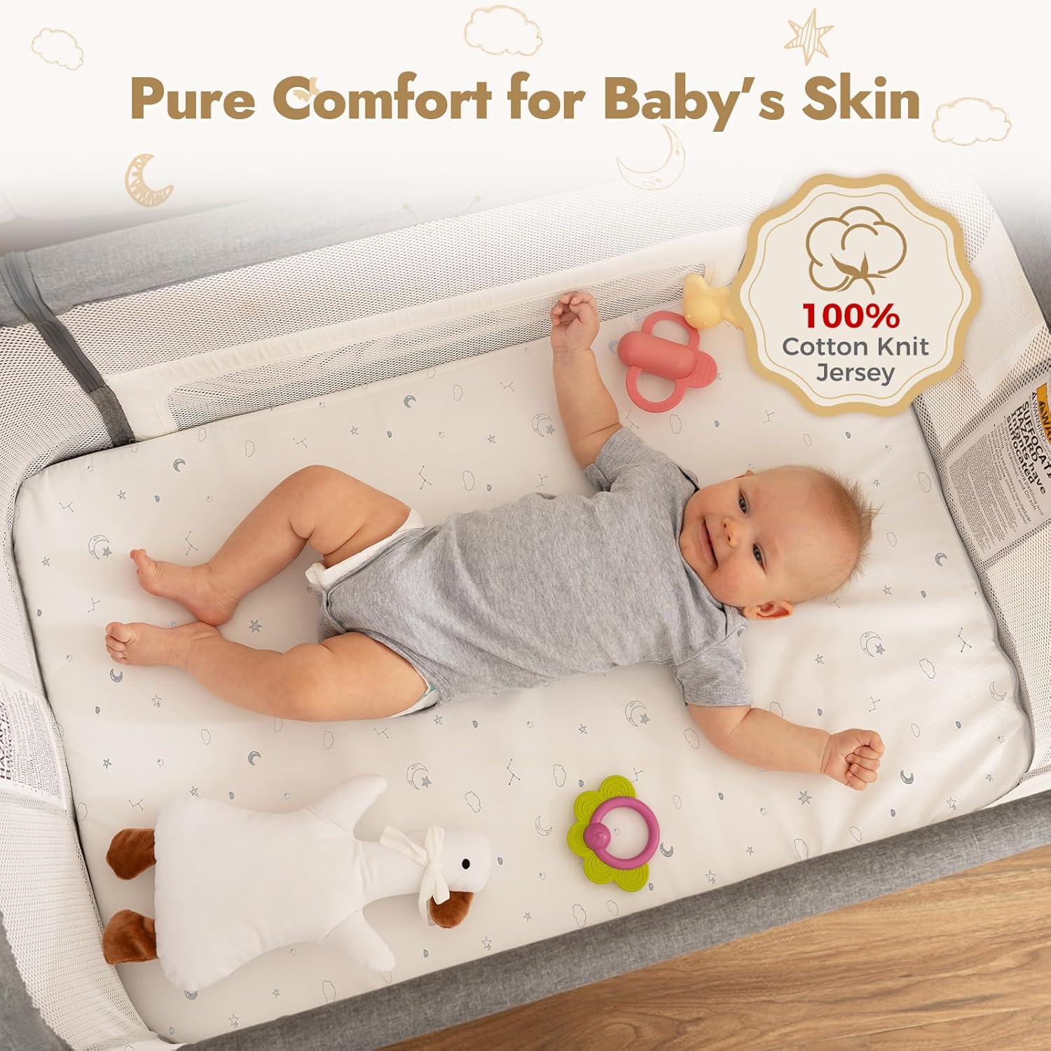 Papablic Baby Bassinet, Bedside Bassinet with 100% Cotton Sheets and Soft Mattress, Adjustable Bedside Sleeper with Storage Basket and Wheels, Grey