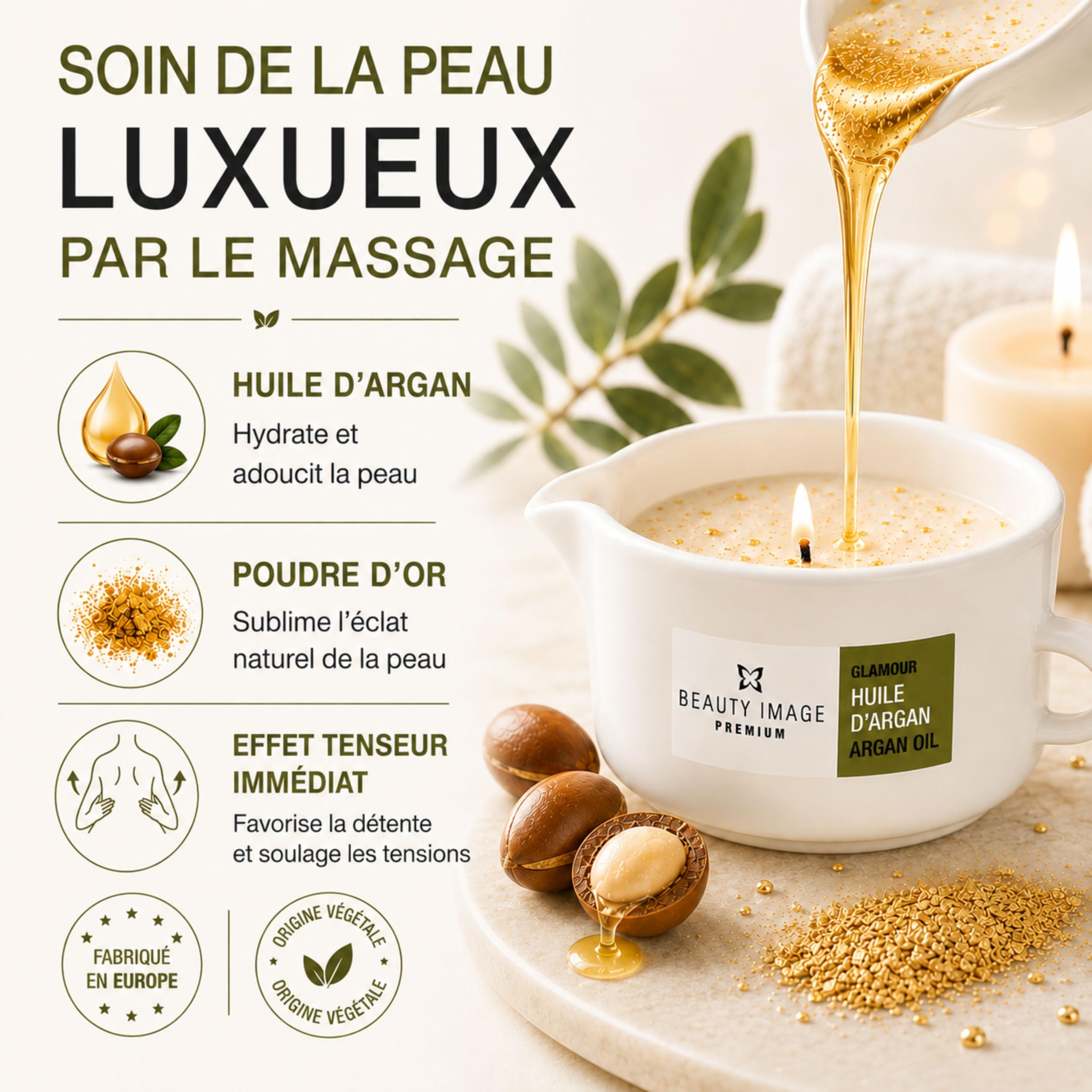 BEAUTY IMAGE Pack de 2 Bougies de Massage - Couleur Or Brillant - A l'Huile d'Argan. De 2 à 3 Massages Corporels Complets par Bougie. Huile Chaude pour Massage Professionnel.