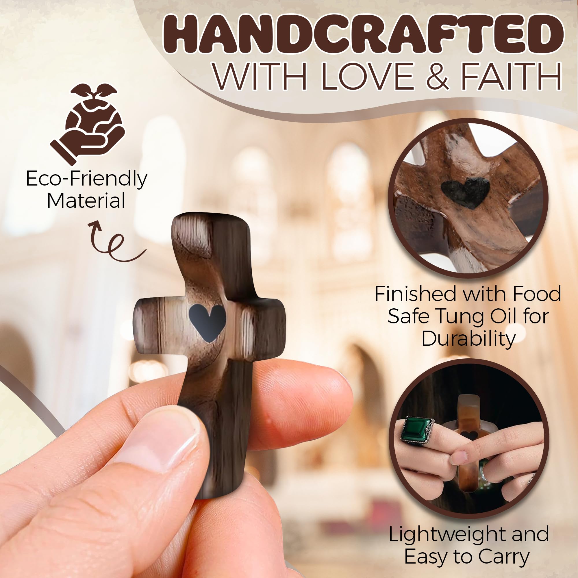 Cross My Heart,Wooden Cross,Encouragement Gift Stress Relief Cross,Prayer Cross for Hand,Pocket Cross Christian Gifts for Women and Fidget Toys for Children and Adults(Black 1Pcs