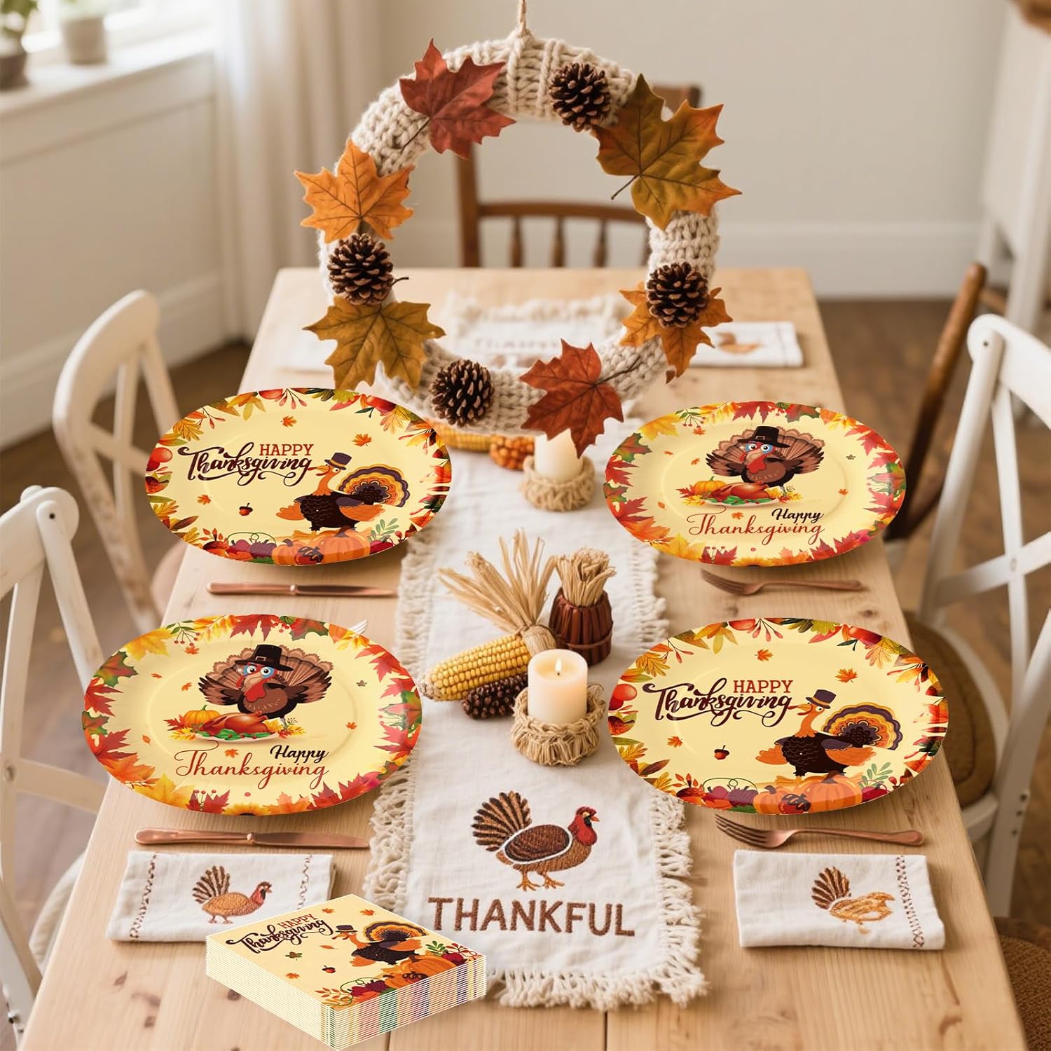 100Pcs Thanksgiving Oval Paper Plates and Napkins Set, 10" x 12" Turkey Designed Party Plates, Large Disposable Dinner Plates for Fall Party and Thanksgiving Day
