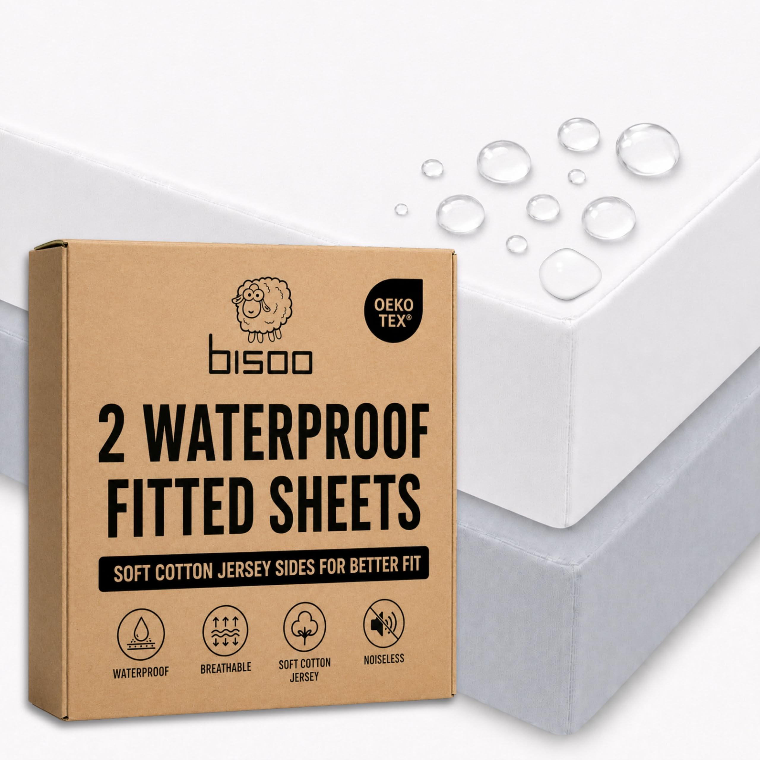 Bisoo Magic Sheet 32x52in 1 White + 1 Grey Waterproof Fitted Sheet for Cot