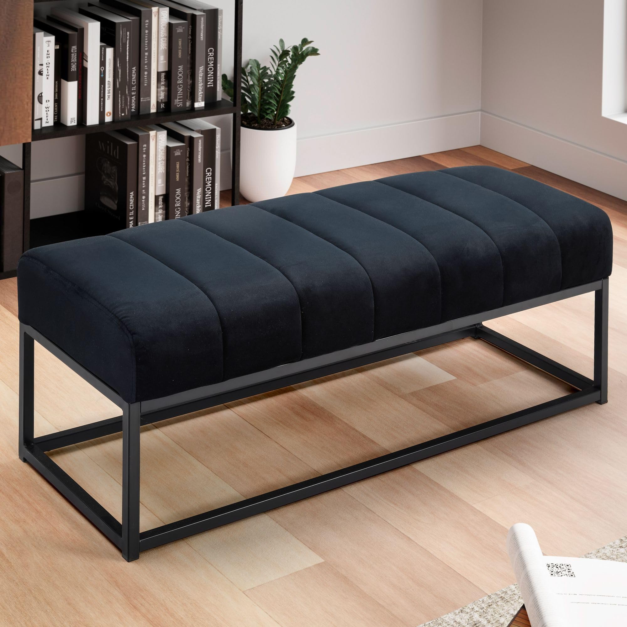 FineBuy Sitzbank 108x40x40 cm Samt Schwarz, Polsterbank