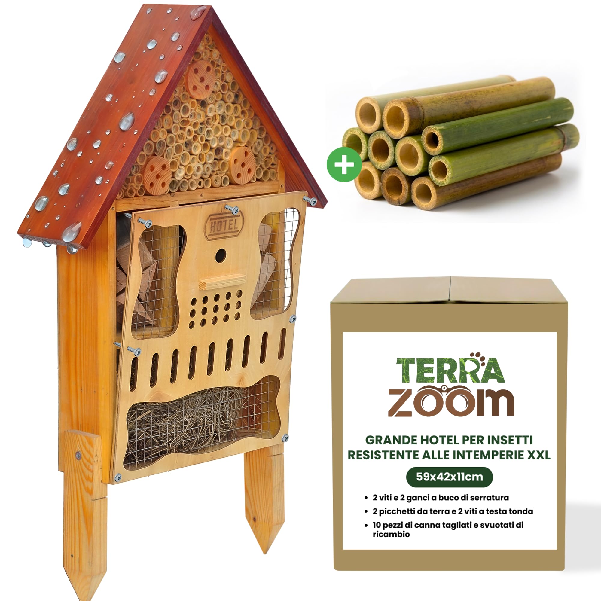 Hotel per insetti grande, resistente alle intemperie, XXL, in legno, con picchetto, da appendere o appoggiare, con piastra frontale rimovibile e piedini