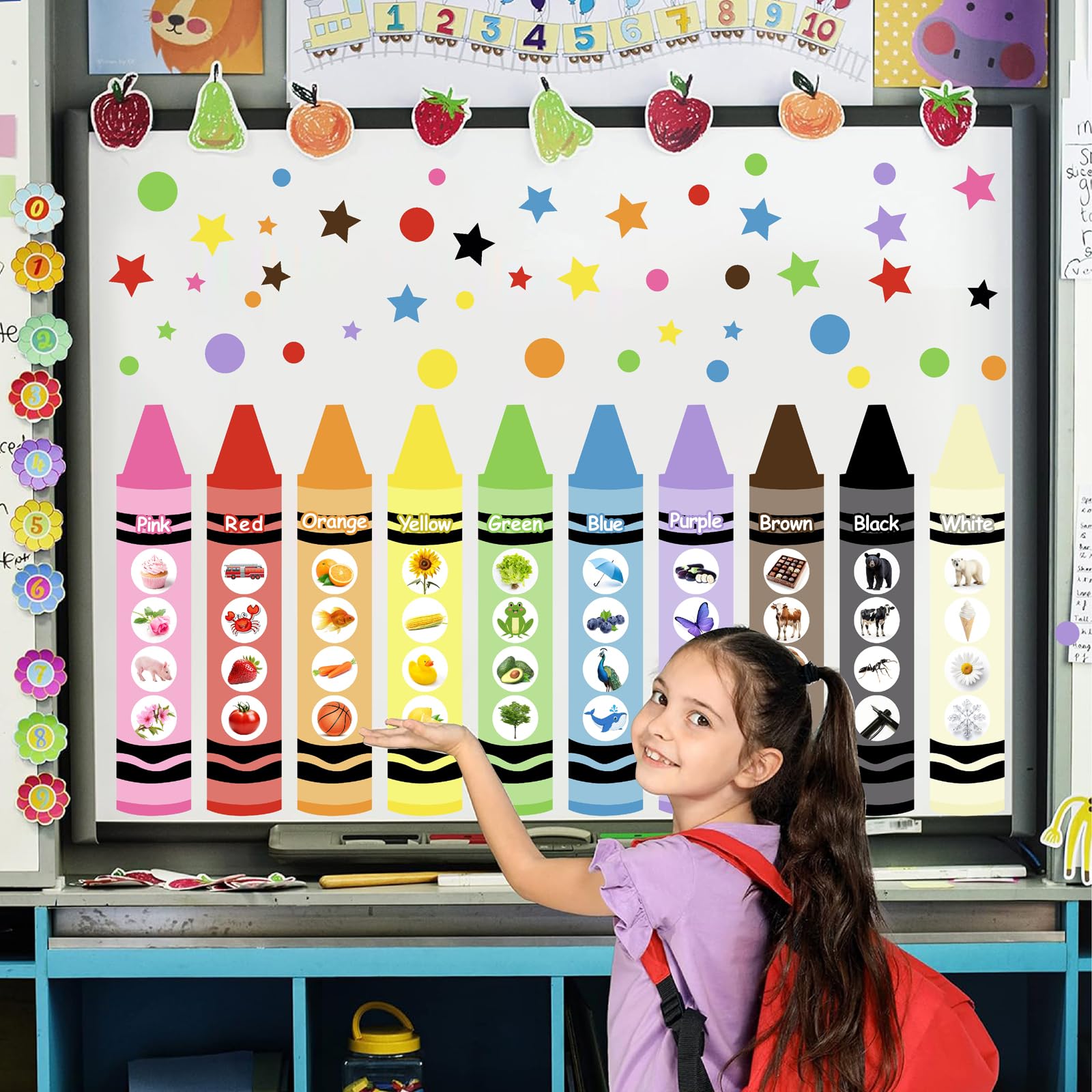 Color Educational Wall Decals Kids Classroom Wall Stickers Peel and Stick Crayons Decal for Nursery Colorful Bulletin Board Decor Vinyl Sticker Color Learning Decal for Toddlers Playroom School Decor