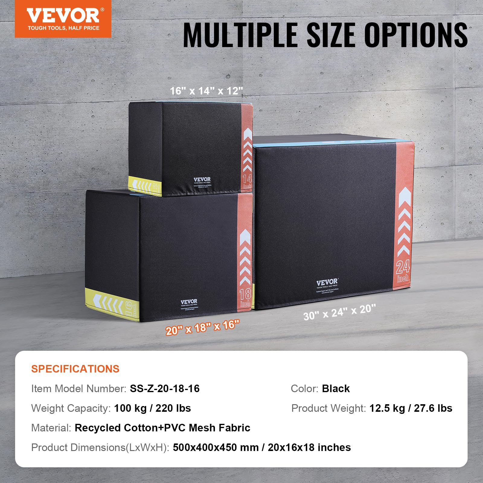 VEVOR Jump box pliometrico 3 in 1, scatola in cotone da 50/45/40 cm, piattaforma e agilità durante il salto, antiscivolo, per esercizi fitness e allenamento a casa, per allenamento della forza