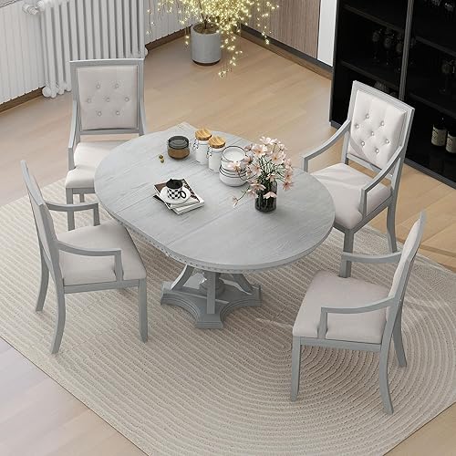 LUMISOL Round Solid Wood Dining Table Set for 4, Farmhouse Extendable Kitchen Table Set with 4 Upholstered Chairs for Kitchen, Dining Room, Living Room, Antique Grey