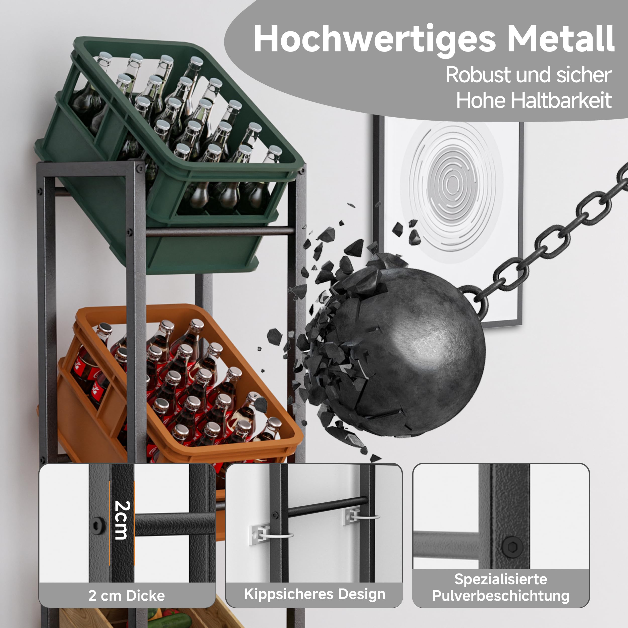 Schmales Getränkekistenregal 3 Kisten, 39x30x140 cm Stabiles Getränkeregal trag. 350KG, Platzsparendes Metall Wasserkistenregal Bierkistenregal mit Verstellbaren Füßen, Kistenregal für Küche, Bar