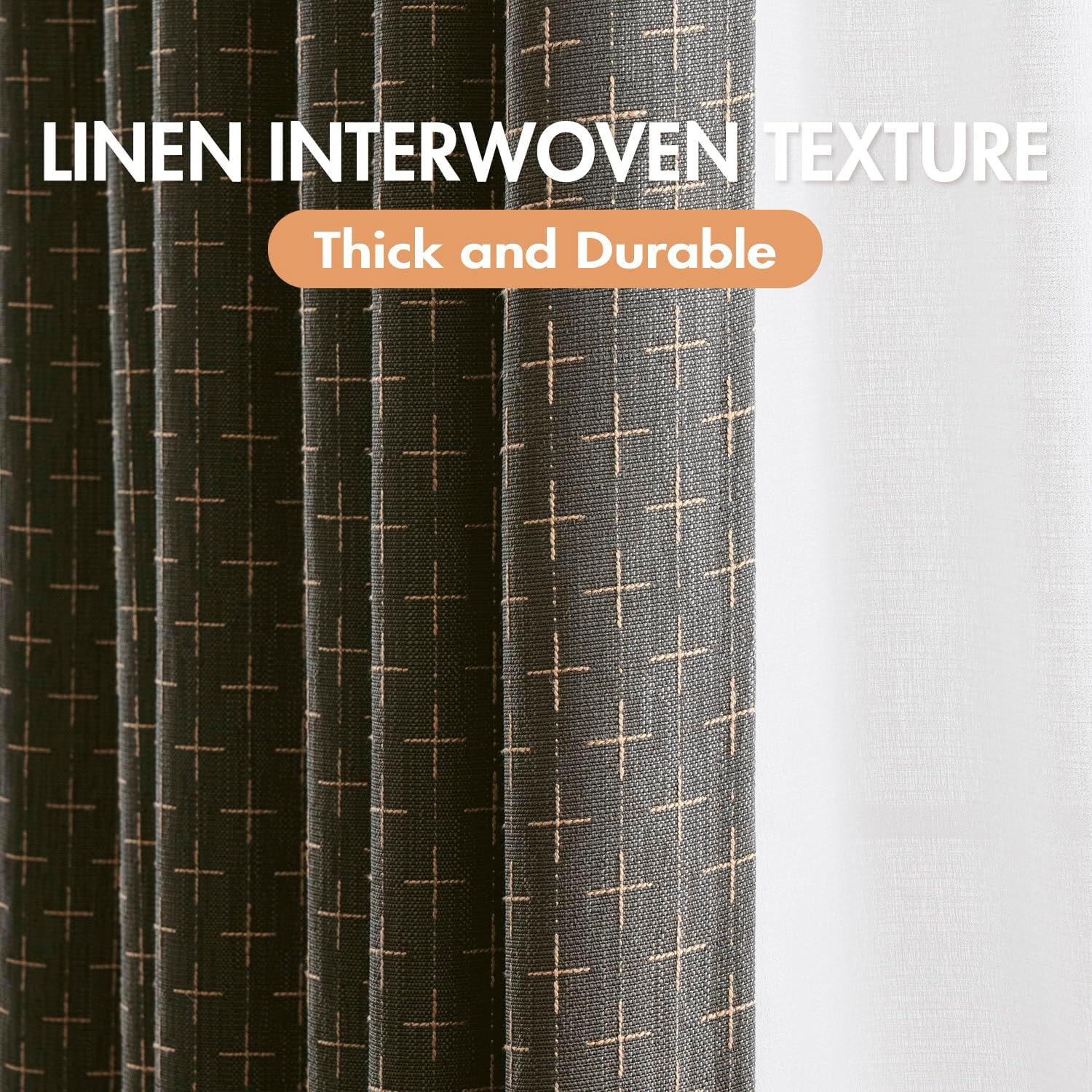 MIULEE 100% Blackout Decorative Linen Curtains with Geometric Pattern, Thick Woven Farmhouse Rustic Patterned Drapes with Back Tab for Bedroom and Living Room, Dark Grey, 52 x 84 Inches, 2 Panels