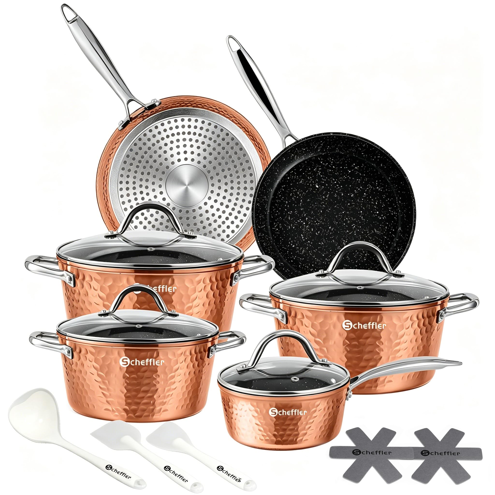 Scheffler Induction 15-Piece Cookware Set - Pots and Pans with Glass Lids, Stainless Steel Handles, Suitable for Induction Cookers, Copper Base (HL-21PS101)