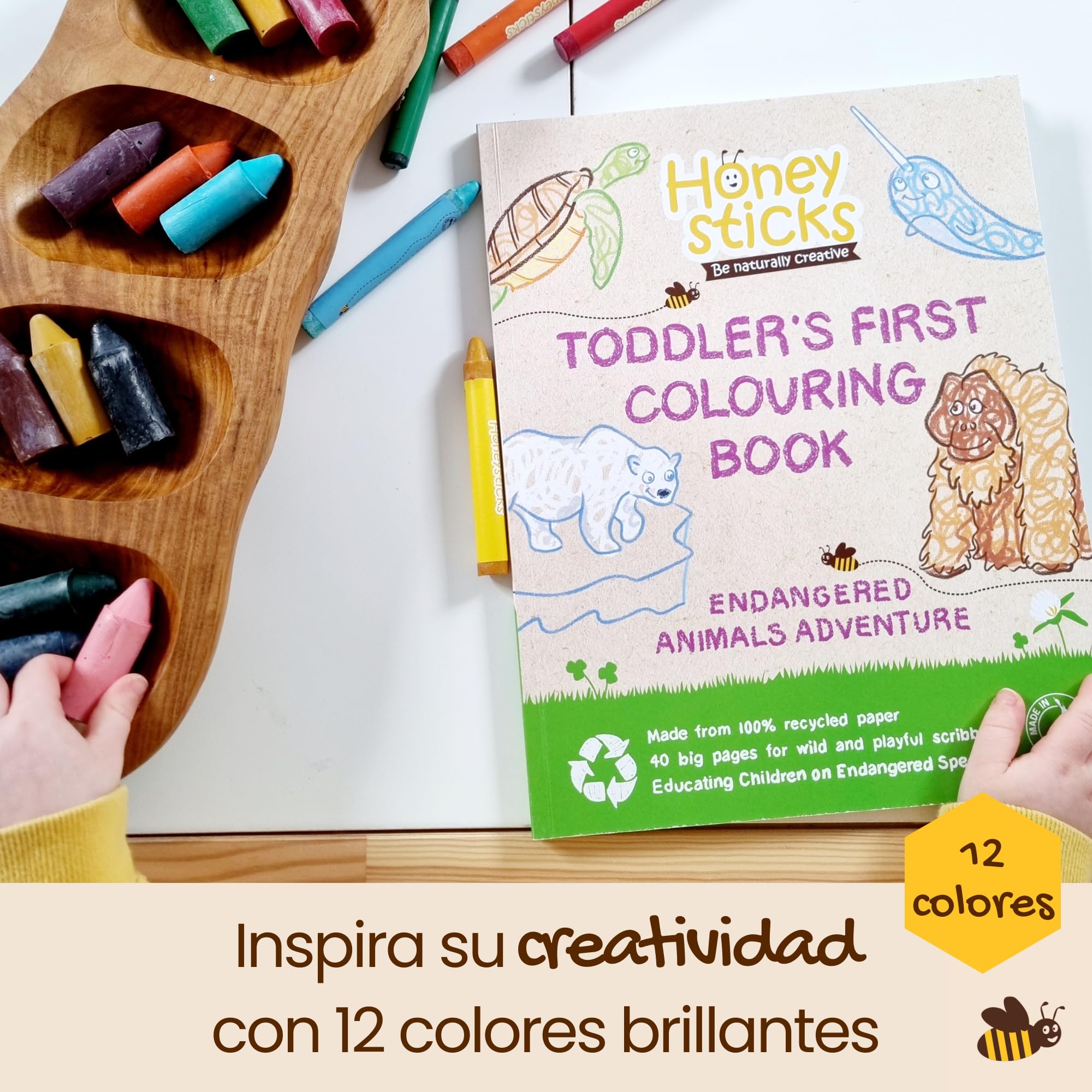Honeysticks Lápices de cera de abeja 100% puras, naturales, no tóxicos, seguros para niños y niños, hechos a mano en Nueva Zelanda, para 1 año más libro de especies en peligro (12 unidades con libro)