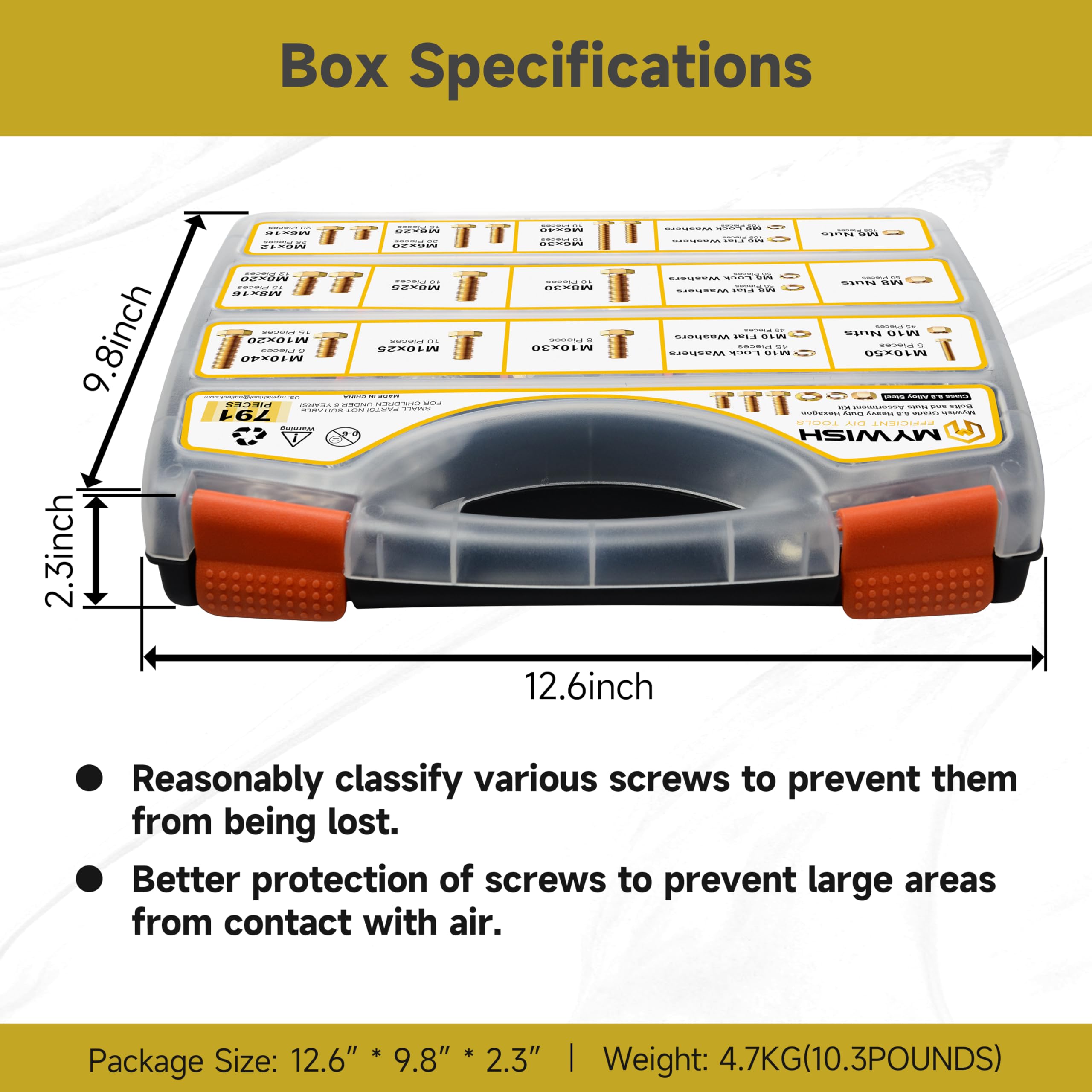 Mywish 791-teiliges metrisches Schrauben-Sortiment, Klasse 8.8, Sechskantschrauben, Muttern und Unterlegscheiben, M6, M8, M10, robust, gelb verzinkt