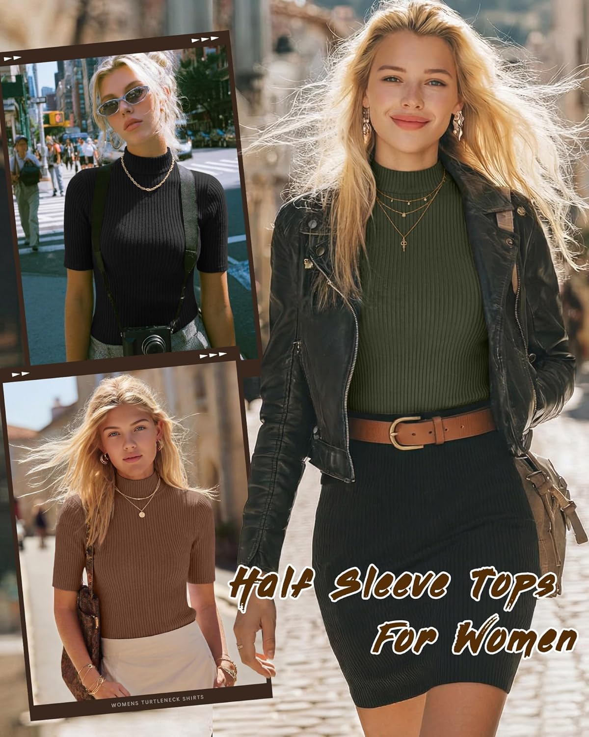 Neer 3 Pack Women's Half Sleeve T-Shirts, Mock Turtleneck Elbow Length Tee Ribbed Slim Fit Casual Summer Tunic Tops - Image 3